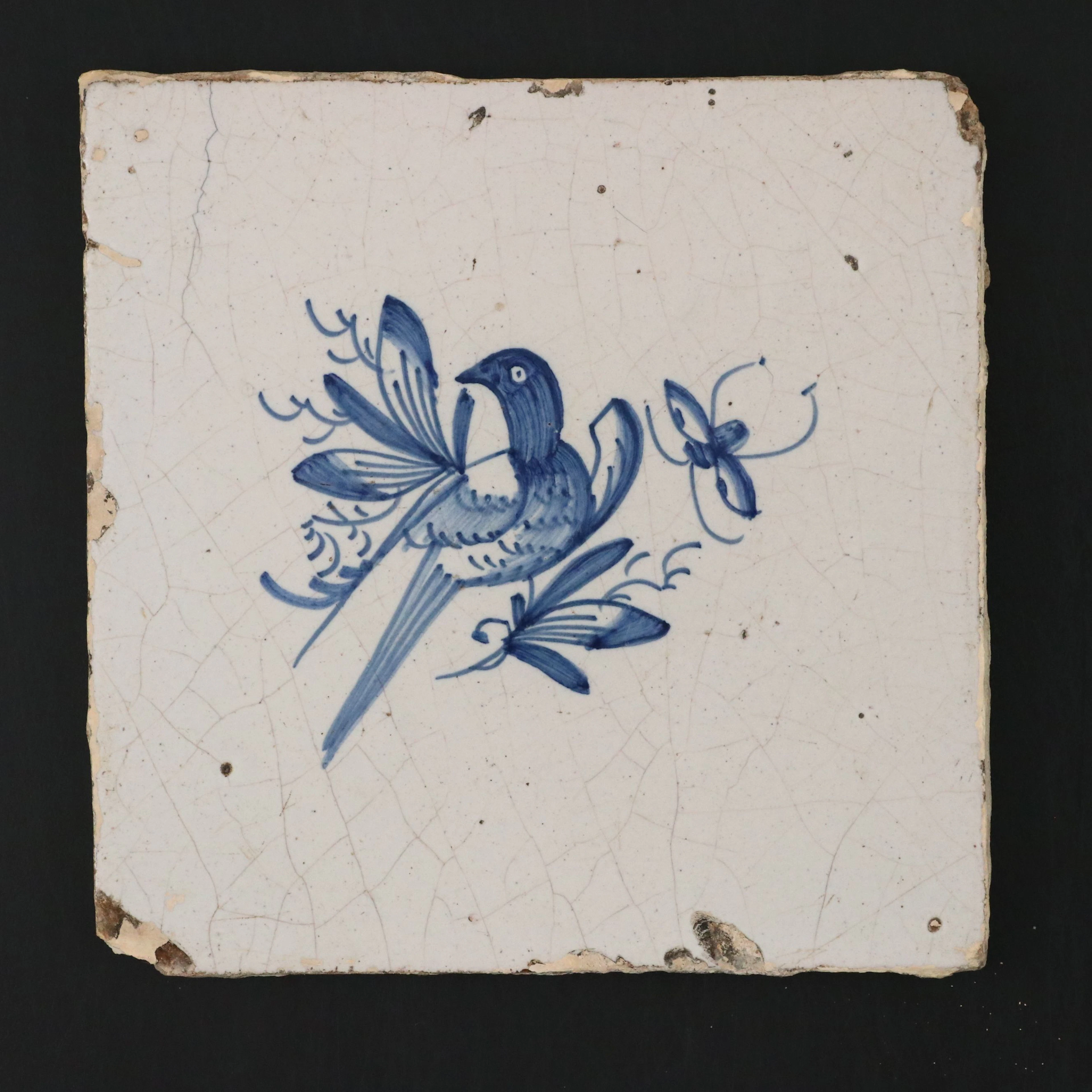 Antique Delft Blue and White Floral Bird Tile, 17th–18th Century