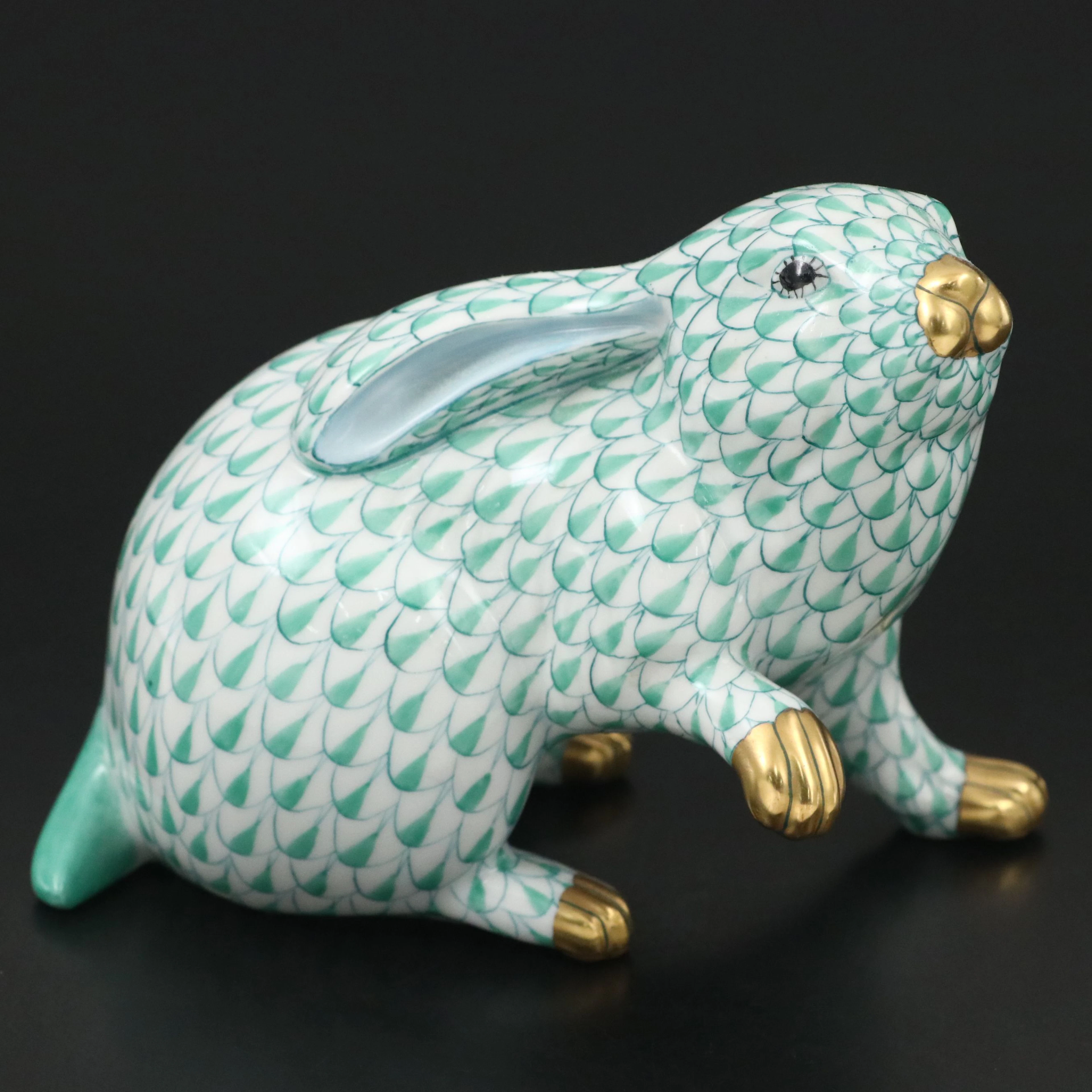 Herend Green Fishnet with Gold "Rabbit with Paw Up" Porcelain Figurine