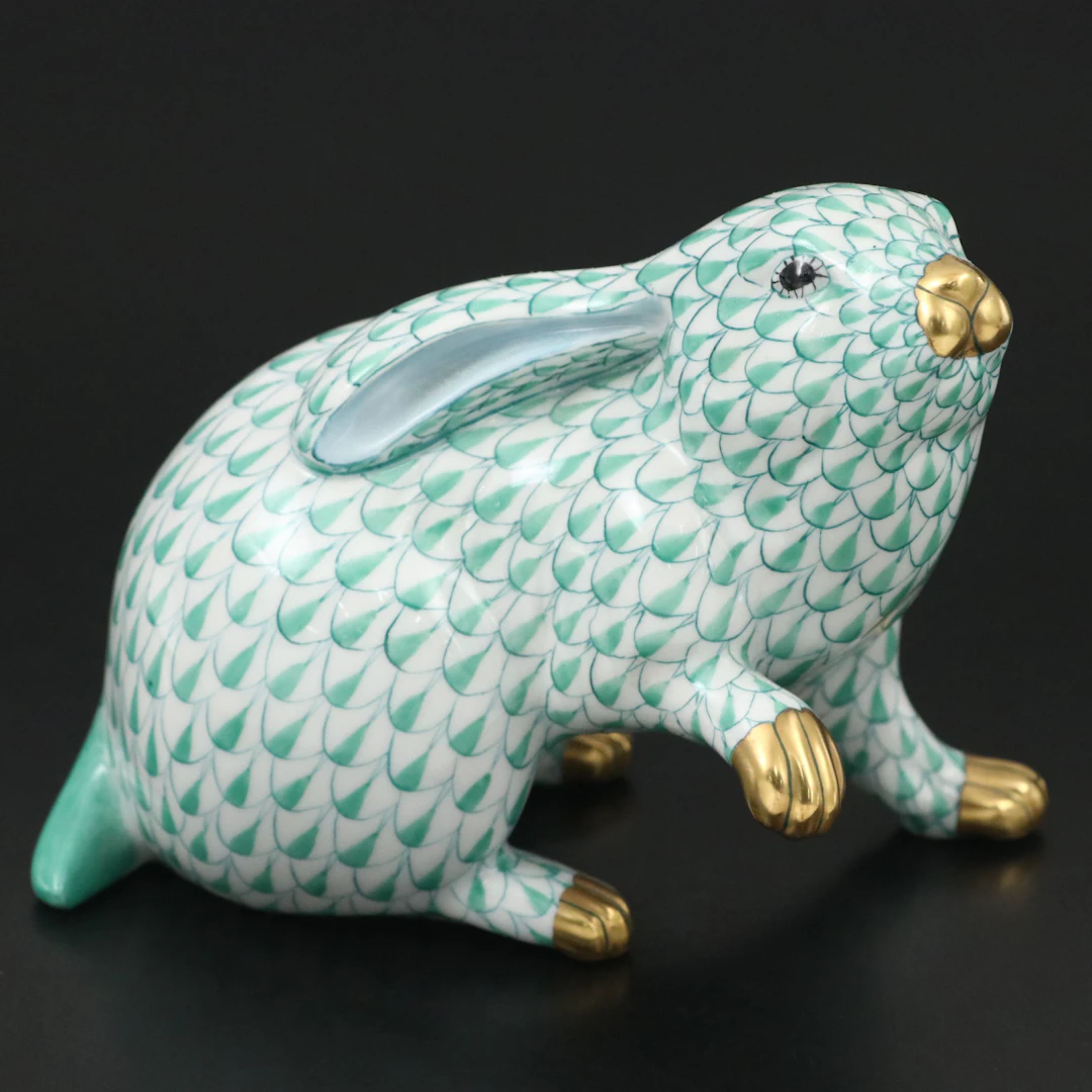 Herend Green Fishnet with Gold "Rabbit with Paw Up" Porcelain Figurine