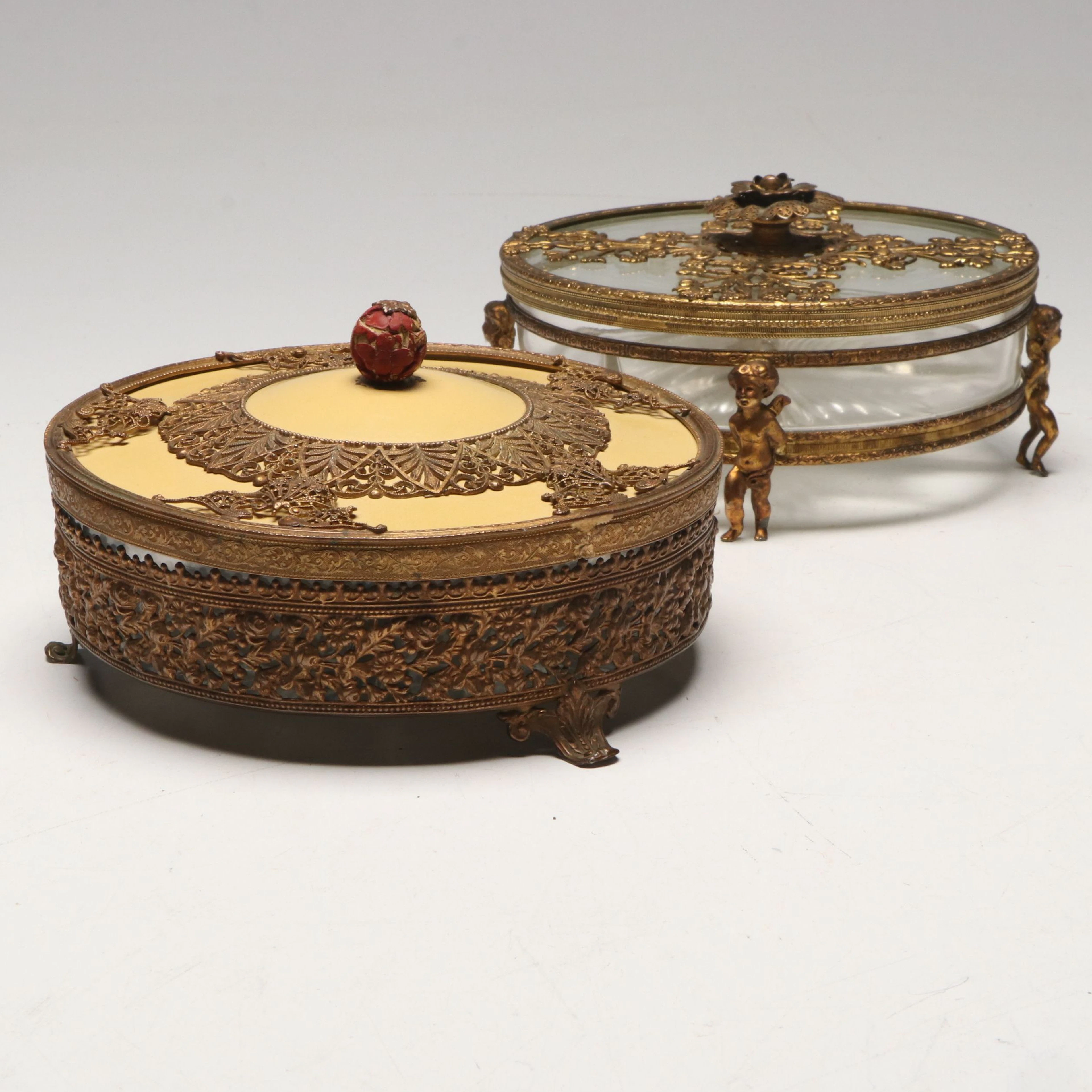 Hollywood Regency Style Ormolu Brass Filigree and Glass Dresser Boxes