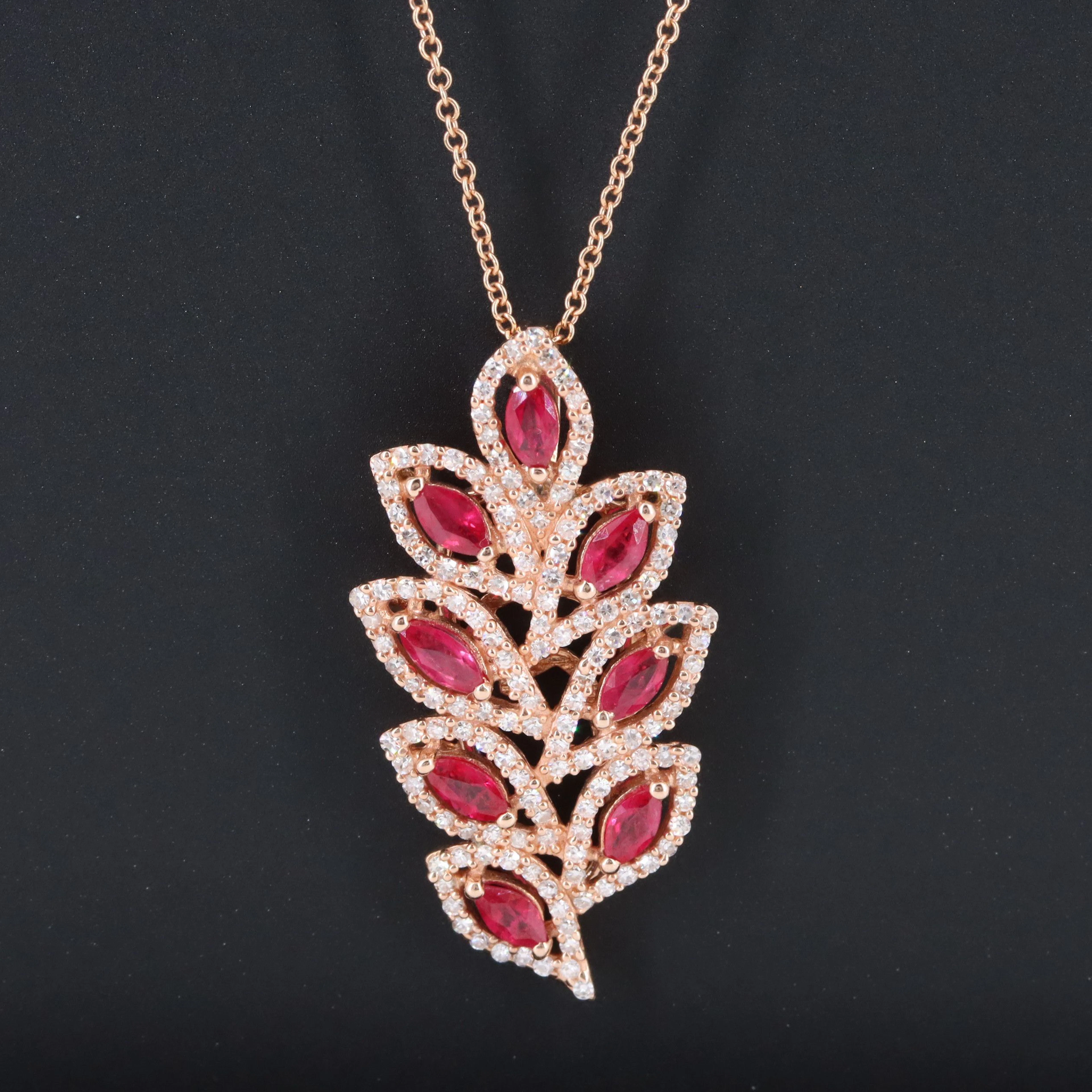 Effy 14K Rose Gold Ruby and Diamond Leaf Pendant Necklace