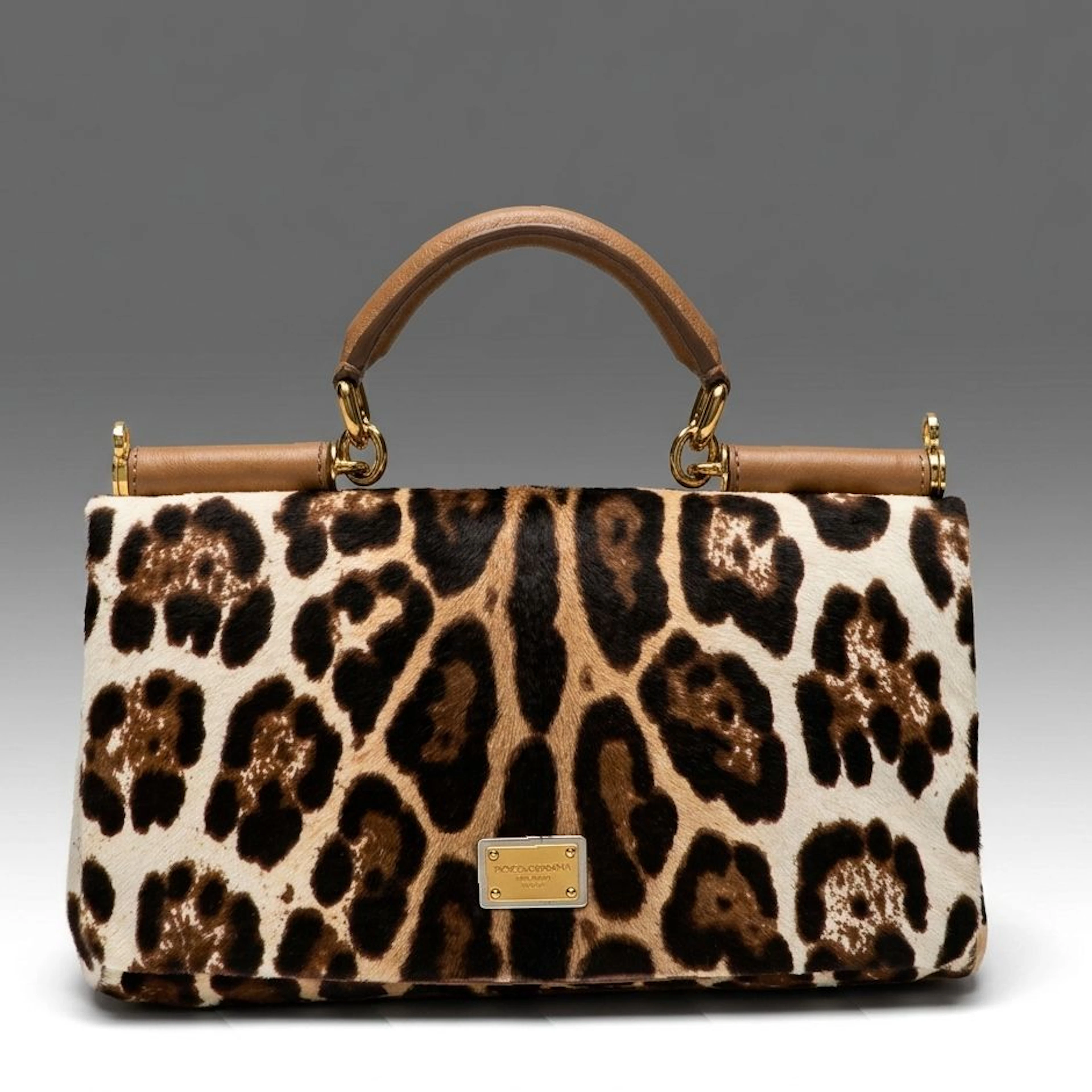 Dolce & Gabbana Leopard Print Calf Hair and Leather Sicily Top Handle Bag