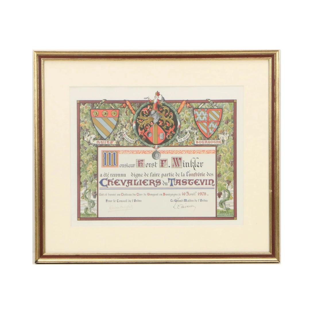 La Confrérie des Chevaliers du Tastevin Commemorative Certificate, 1978