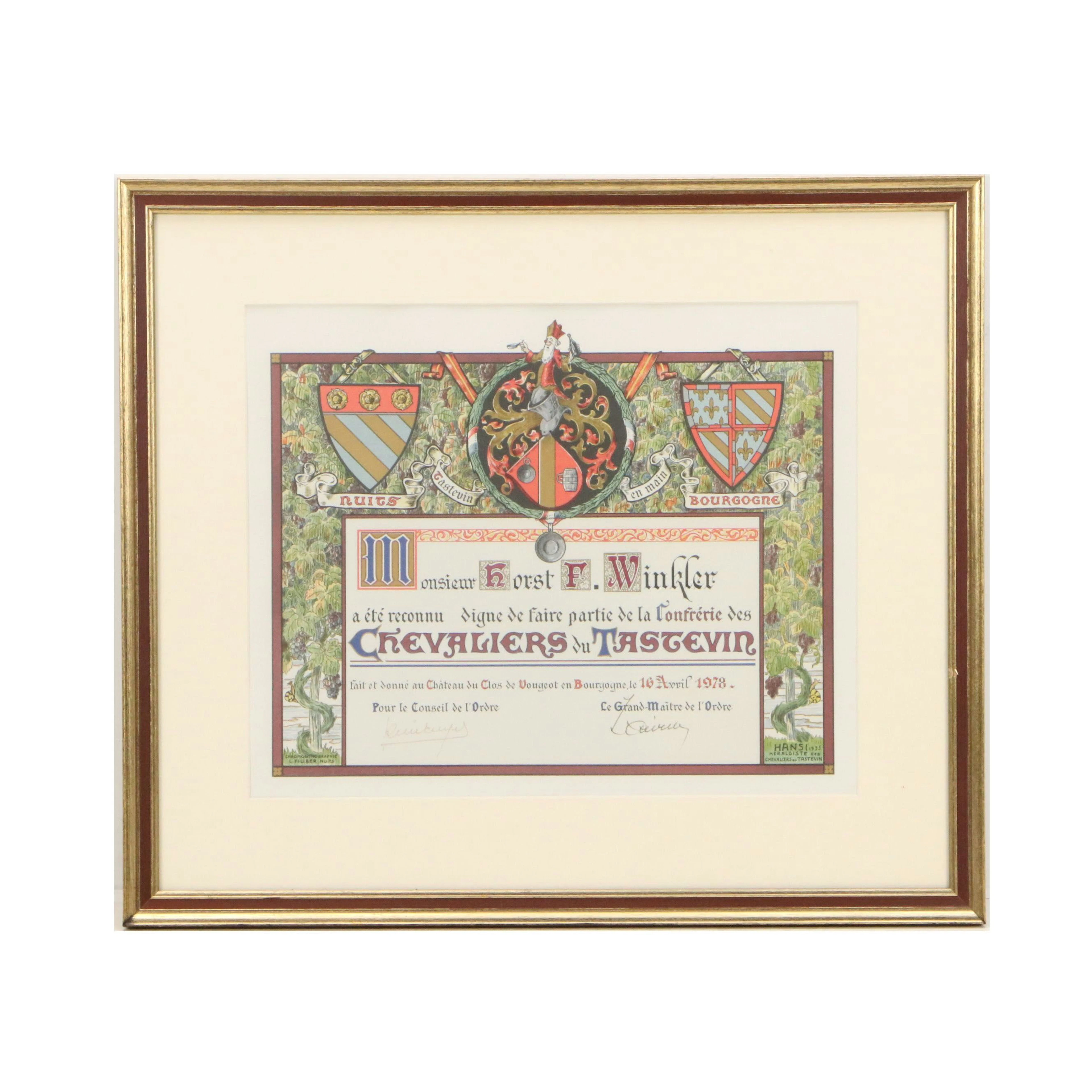 La Confrérie des Chevaliers du Tastevin Commemorative Certificate, 1978