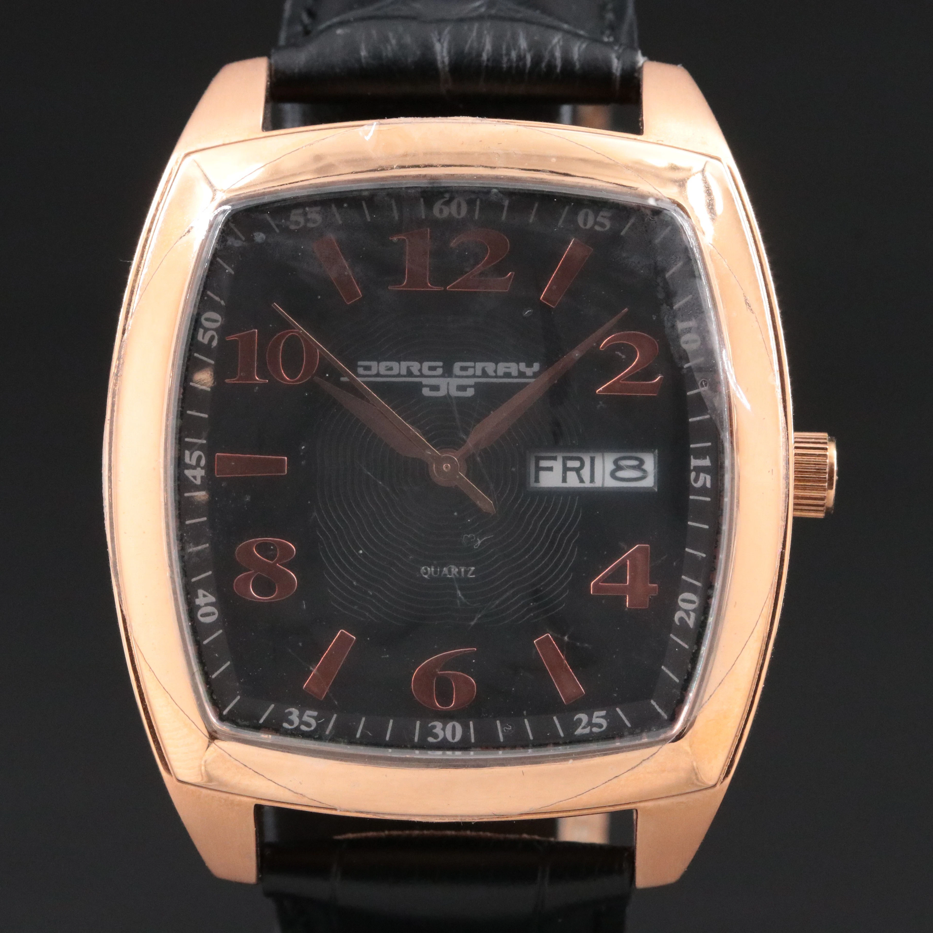 Jorg Gray Rose Tone Tonneau Black Dial Luxury Quartz Watch JG1320-12