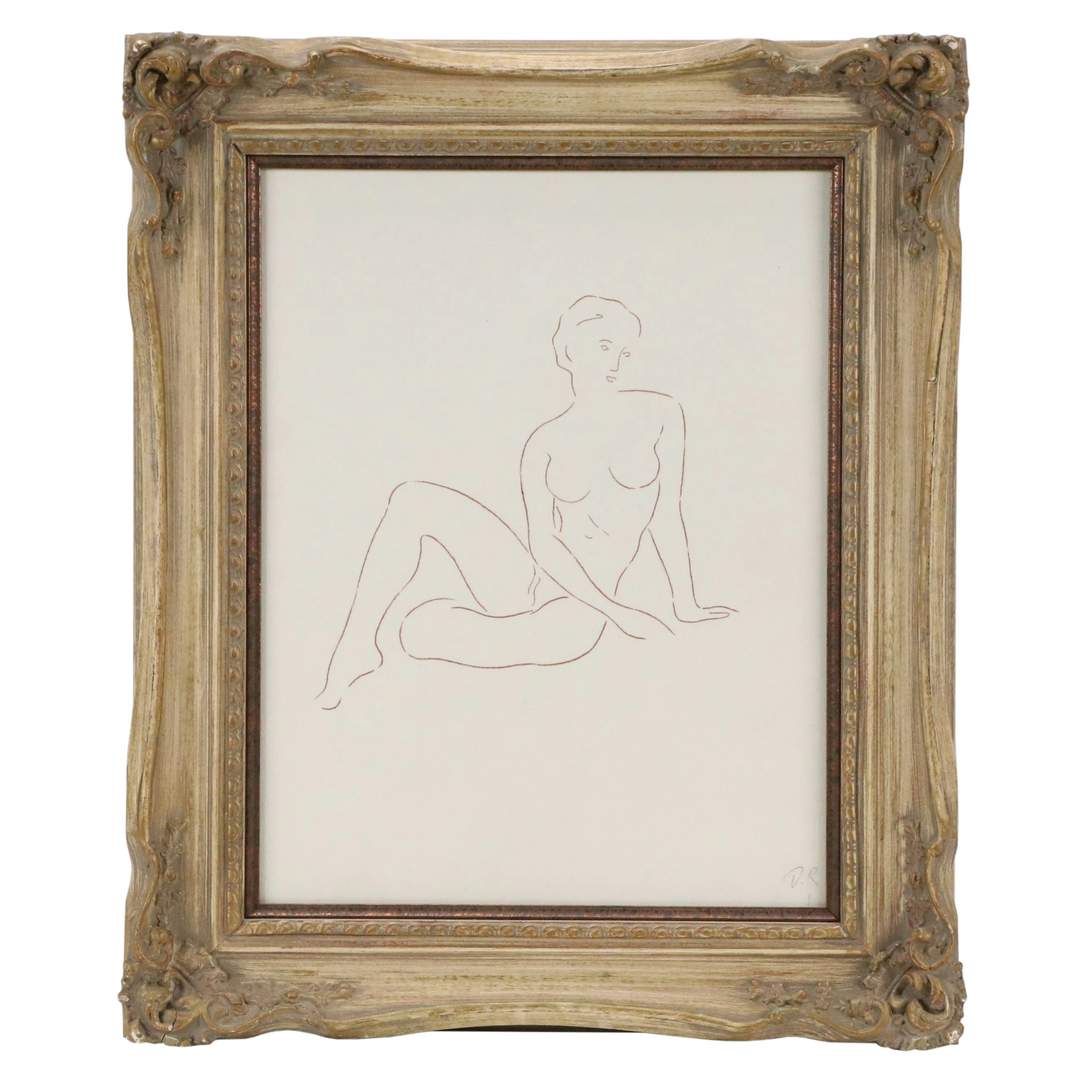 Pastel Line Drawing of Seated Female Nude, Late 20th to 21st Century