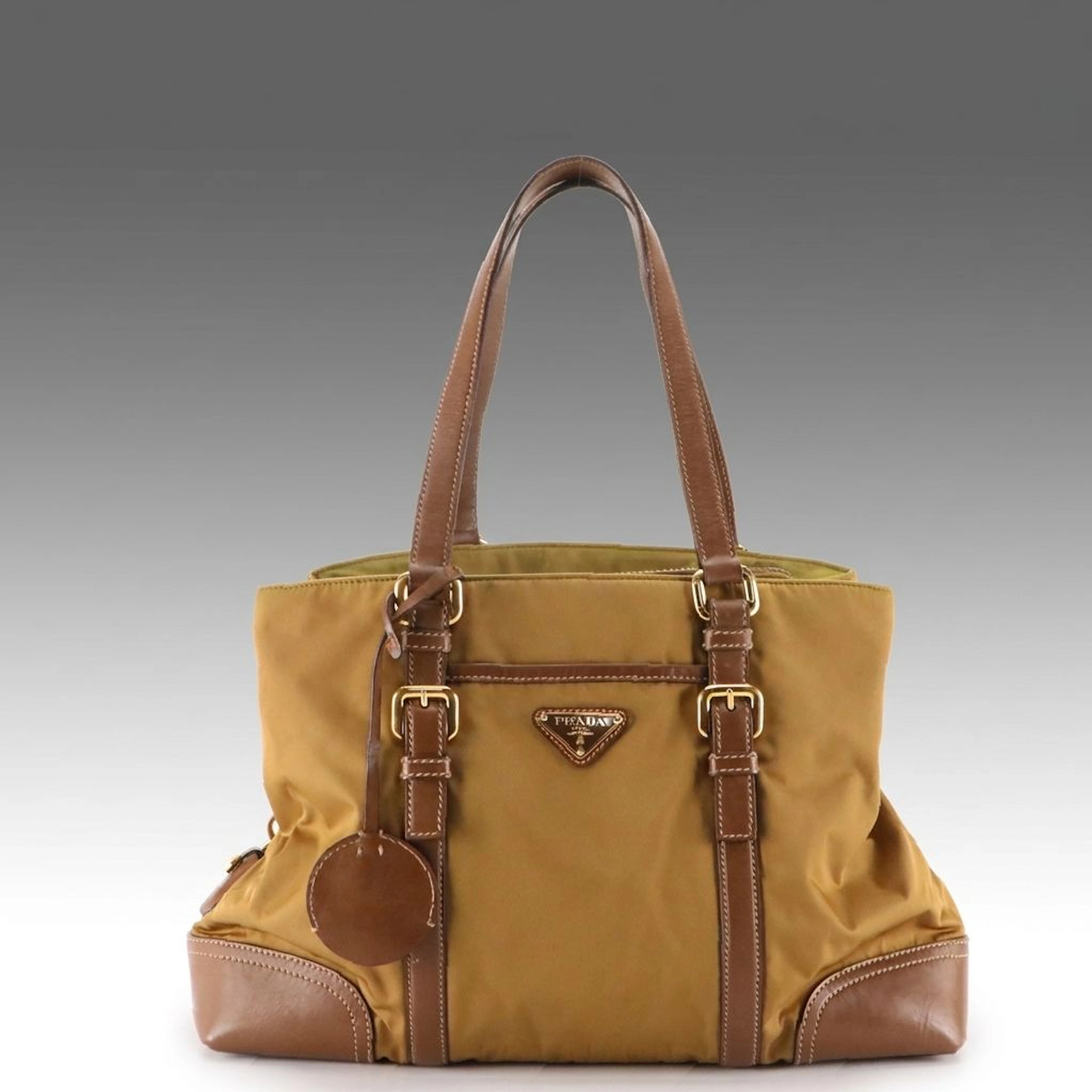 Prada Locking Middle Zip Tote Bag in Brown Tessuto Nylon and Leather