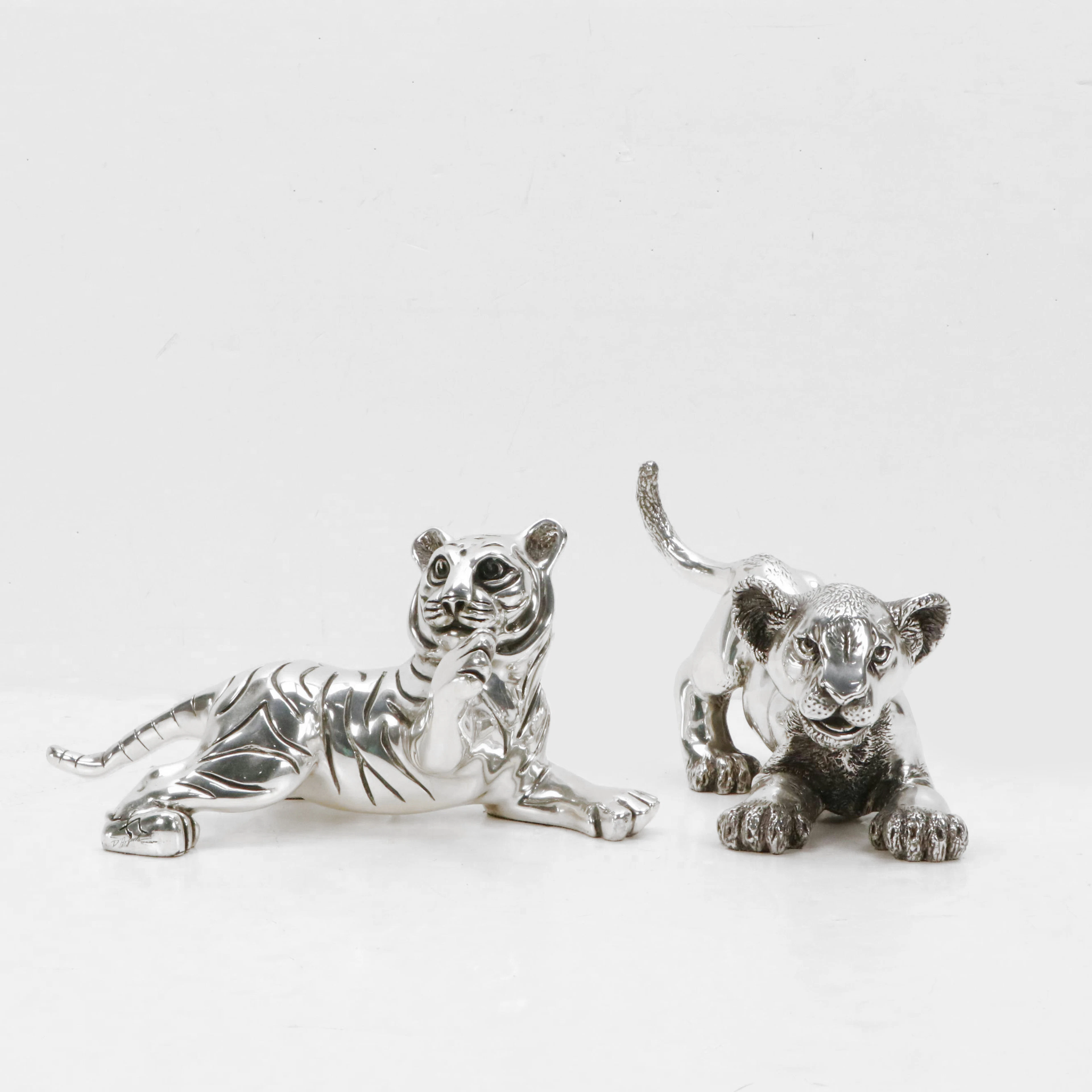 D'Argenta Silver Plated Resin Sculptures of Lion and Tiger Cubs