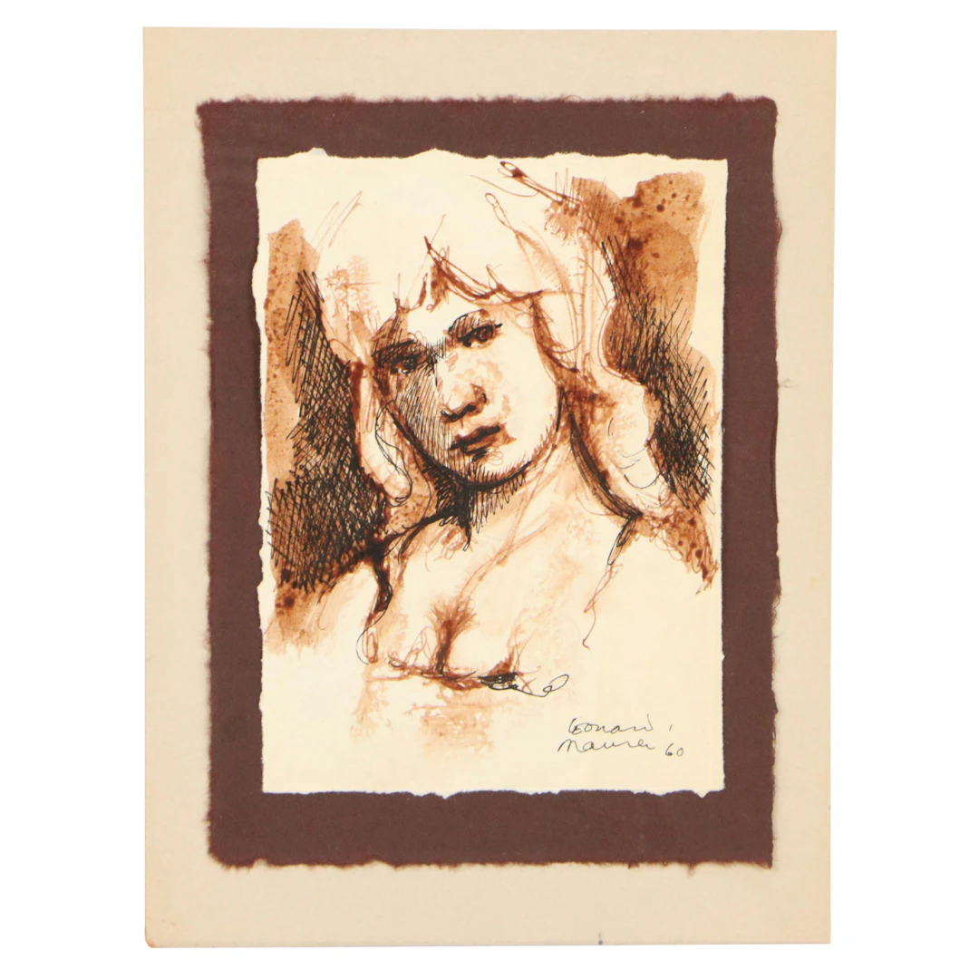 Leonard Maurer Pen and Ink Wash Portrait Drawing, 1960