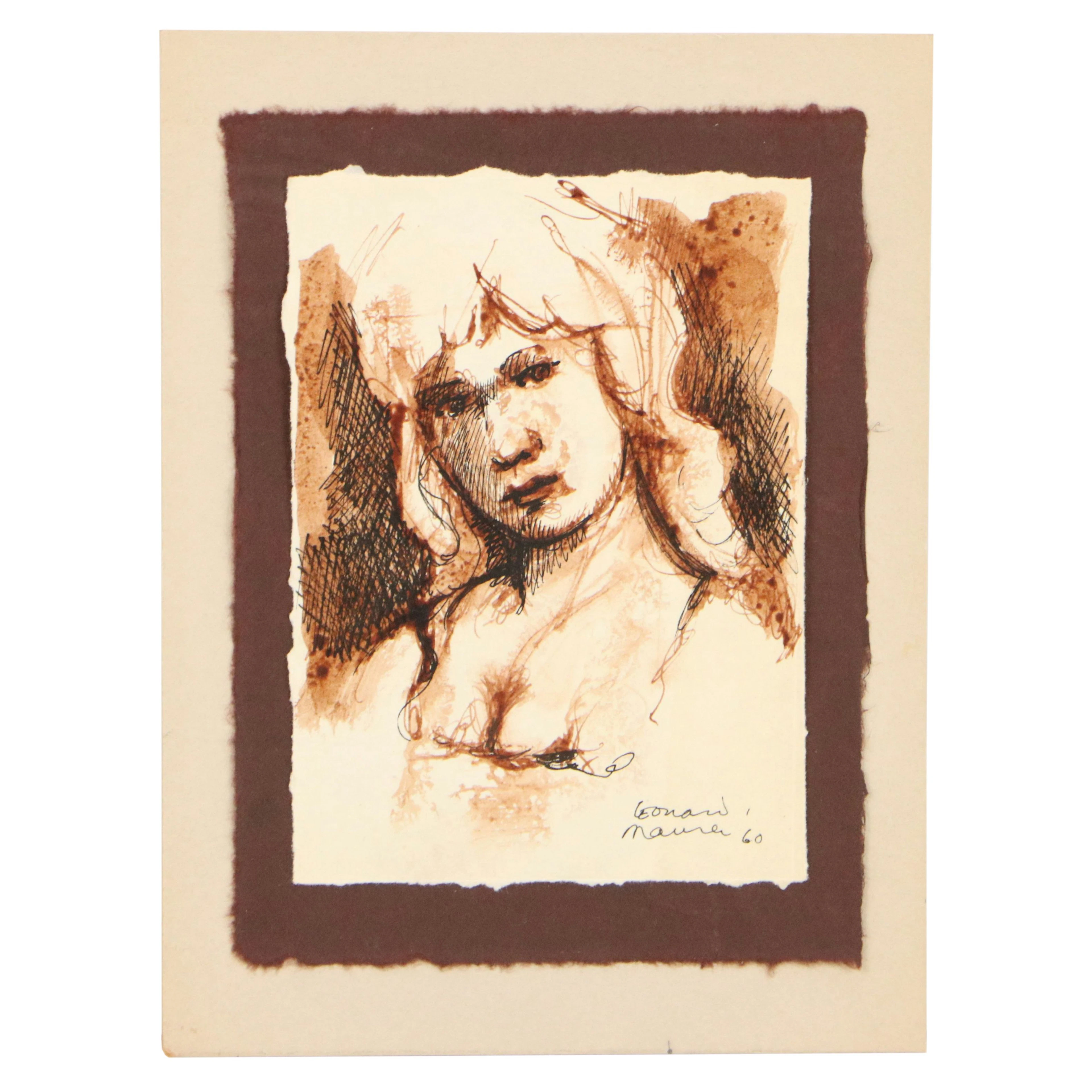Leonard Maurer Pen and Ink Wash Portrait Drawing, 1960