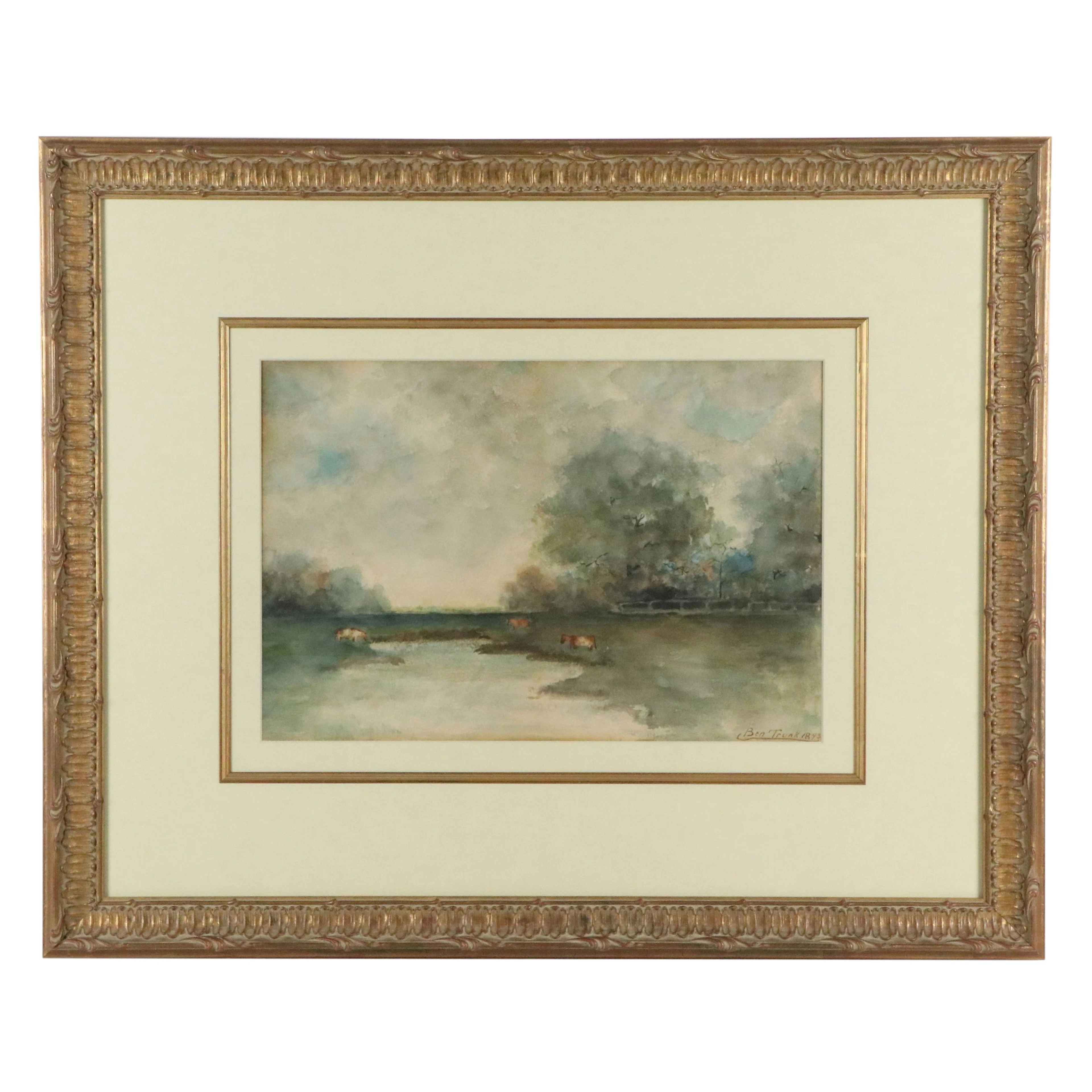 Ben Trunk Pastoral Watercolor Painting with Cows Grazing, 1893