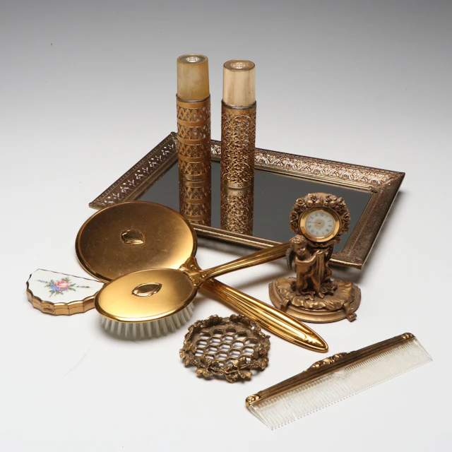 Vintage Gold Tone Brush, Comb and Hand Mirror Set with Other Vanity Accessories