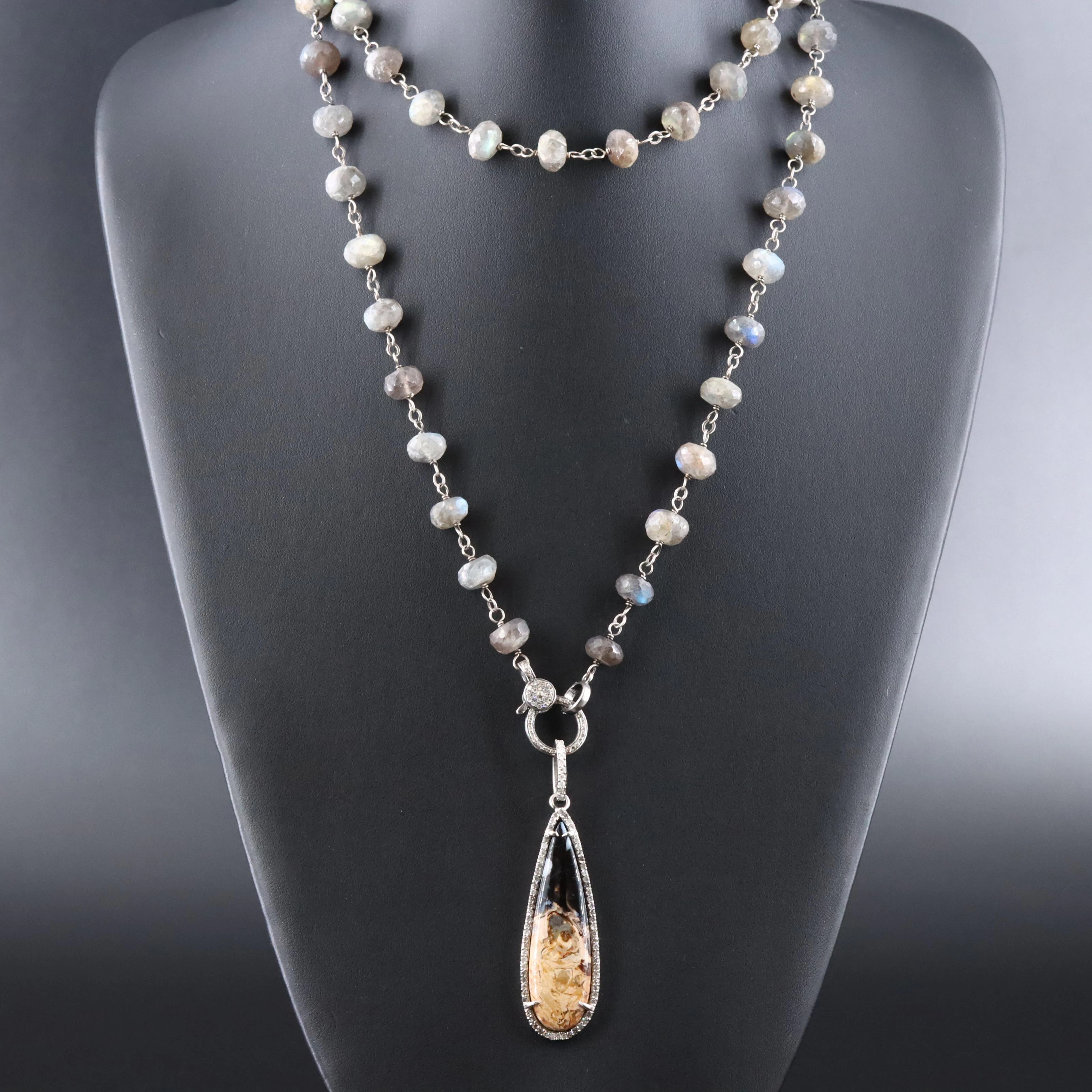 Sheryl Lowe Sterling Labradorite Necklace and Fossilized Palm Root Drop Pendant