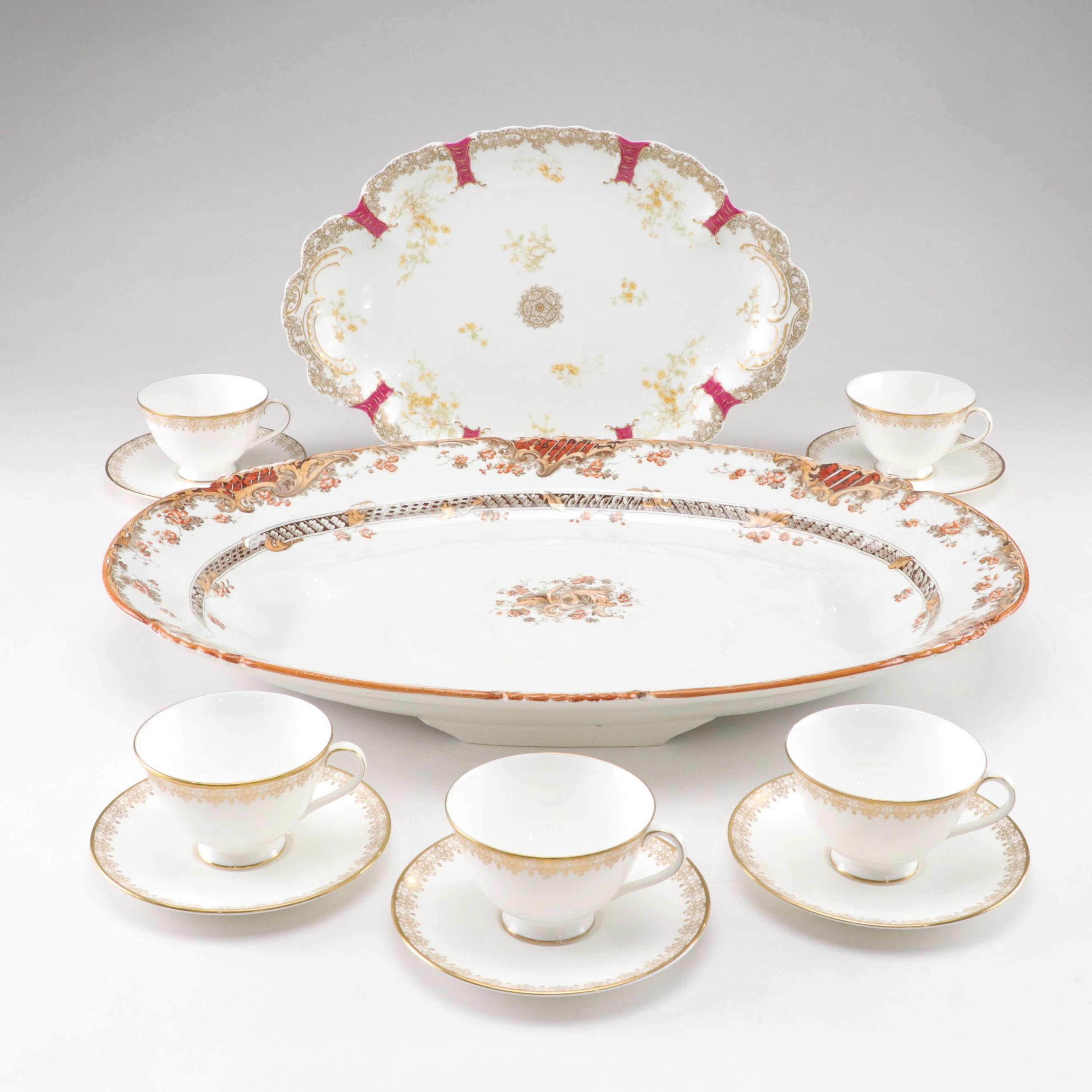 Haviland Limoges Platter, Royal Doulton "Gold Lace" Bone China Teacups & More