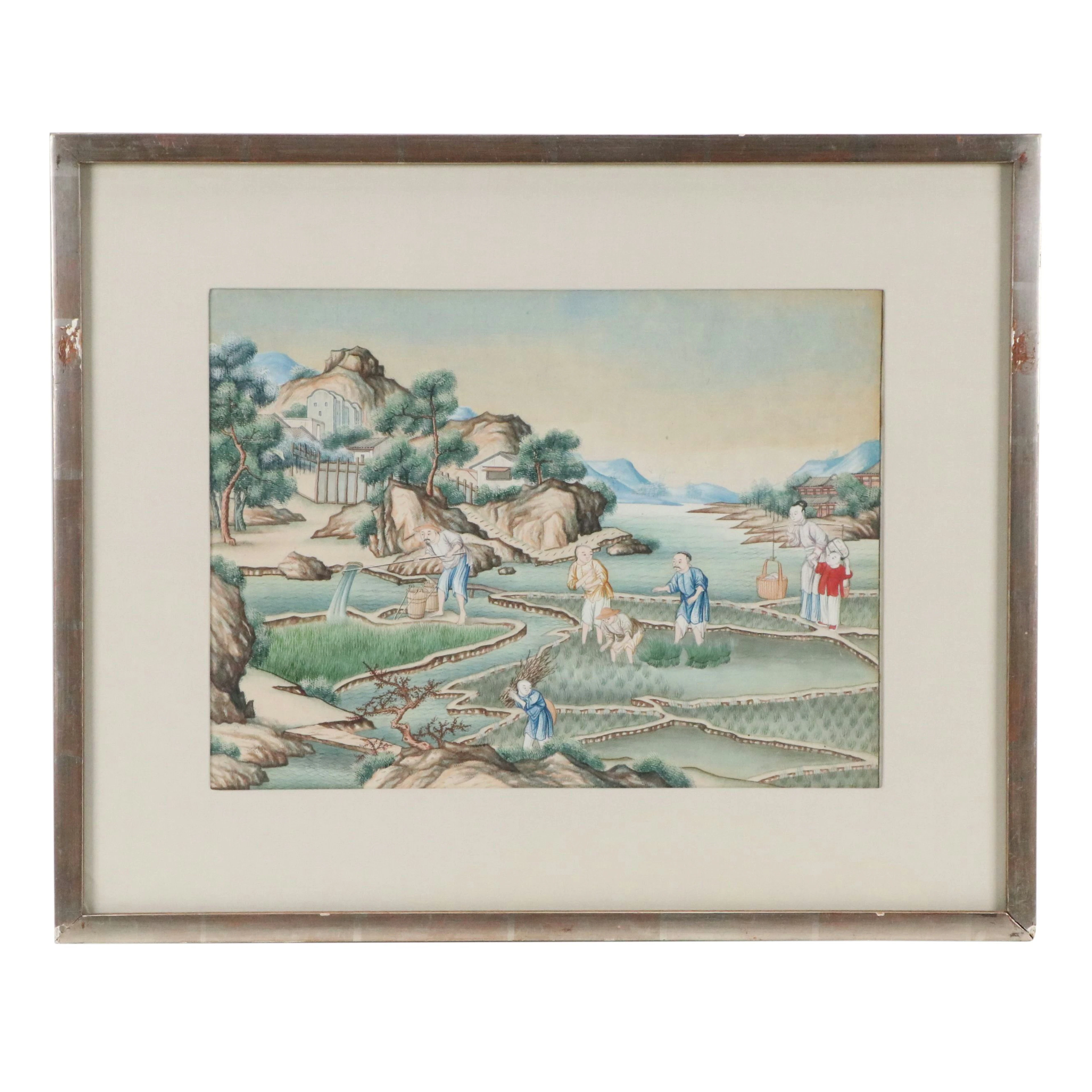 Antique Chinese Gouache Painting of Rice Paddy, Late 19th Century
