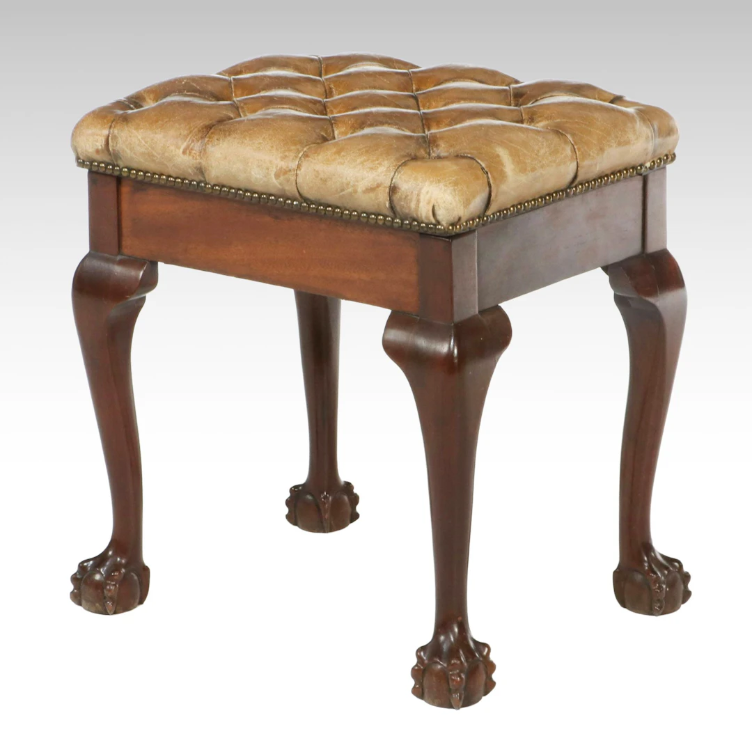 Chippendale Style Mahogany and Button-Tufted Leather Lift-Seat Stool