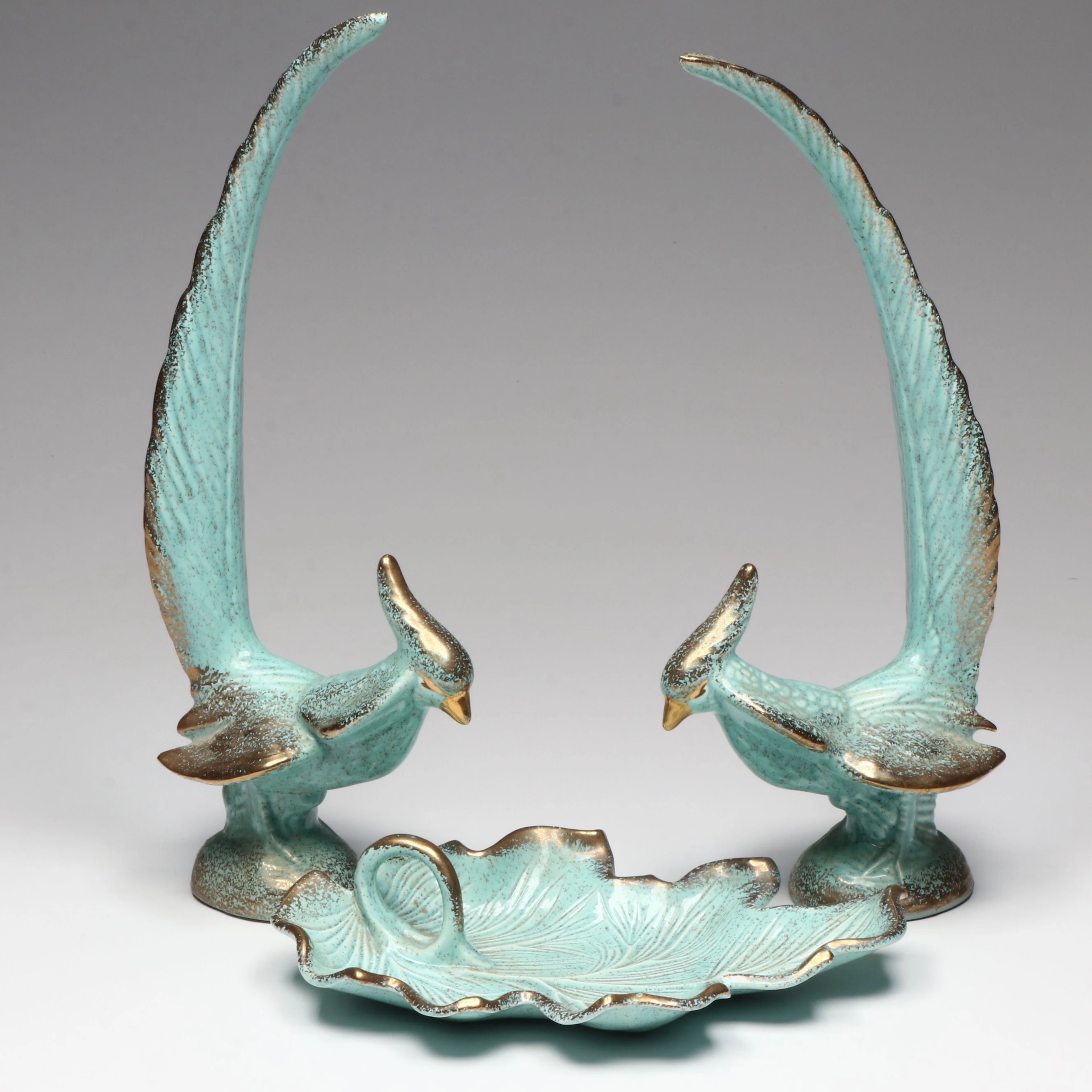 Mid Century Modern Style Ceramic Bird Figurines and Leaf Dish, Mid-20th Century