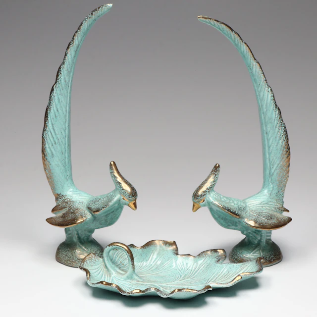 Mid Century Modern Style Ceramic Bird Figurines and Leaf Dish, Mid-20th Century