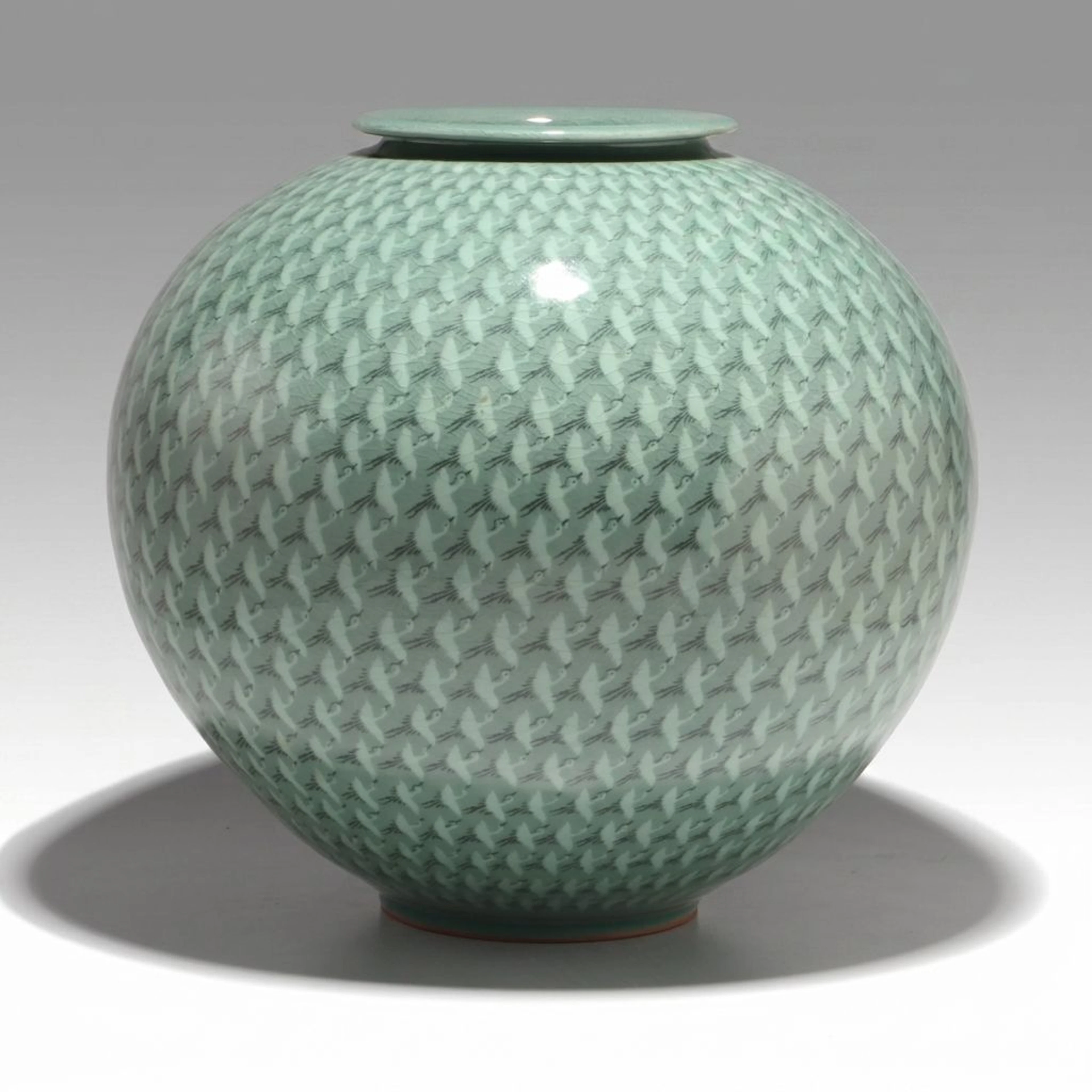 Large-Scale Korean Hand-Built "Thousand Cranes" Celadon Crackle Glaze Moon Jar
