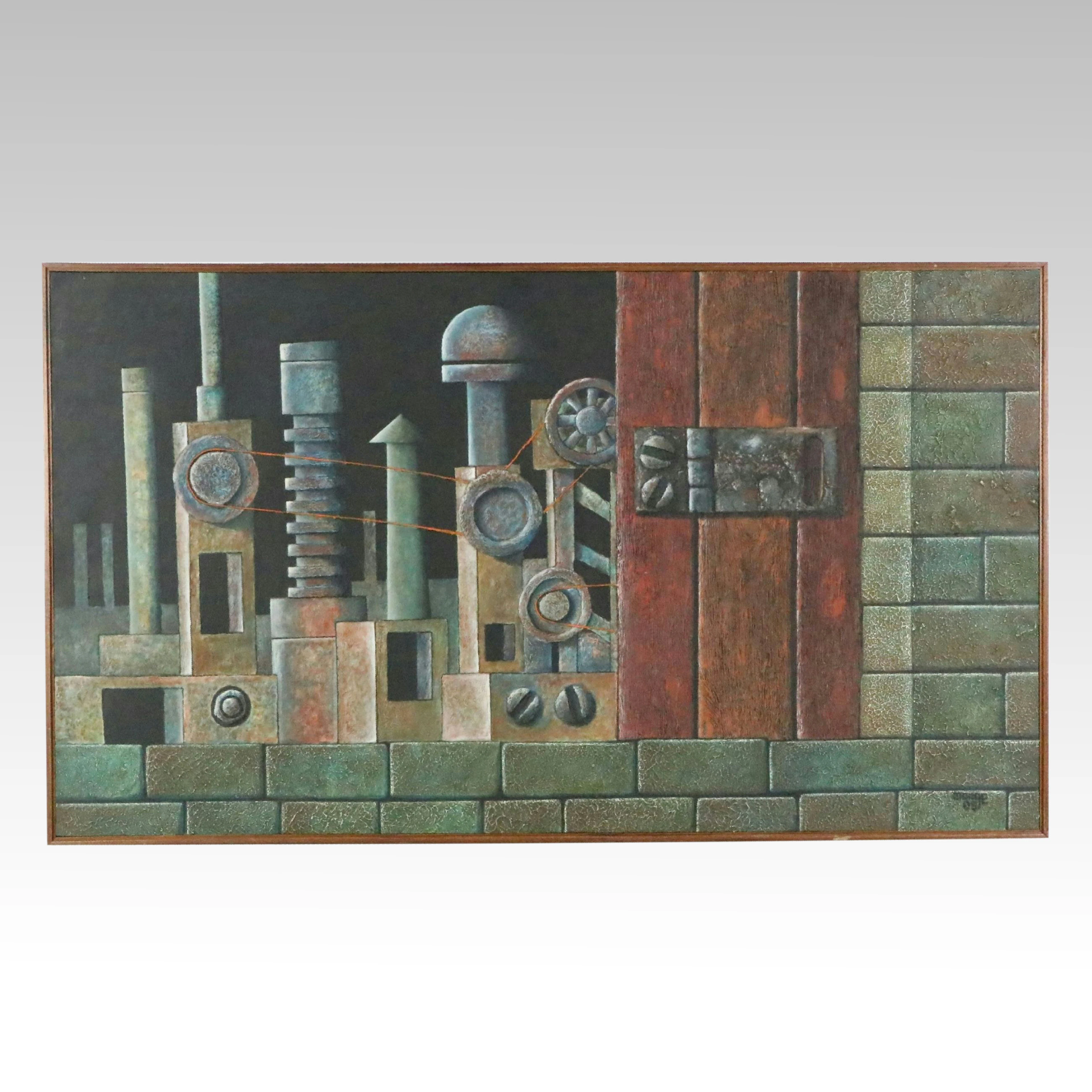 Carlos Monge Dimensional Mixed Media Painting "Industrial Landscape," 2006