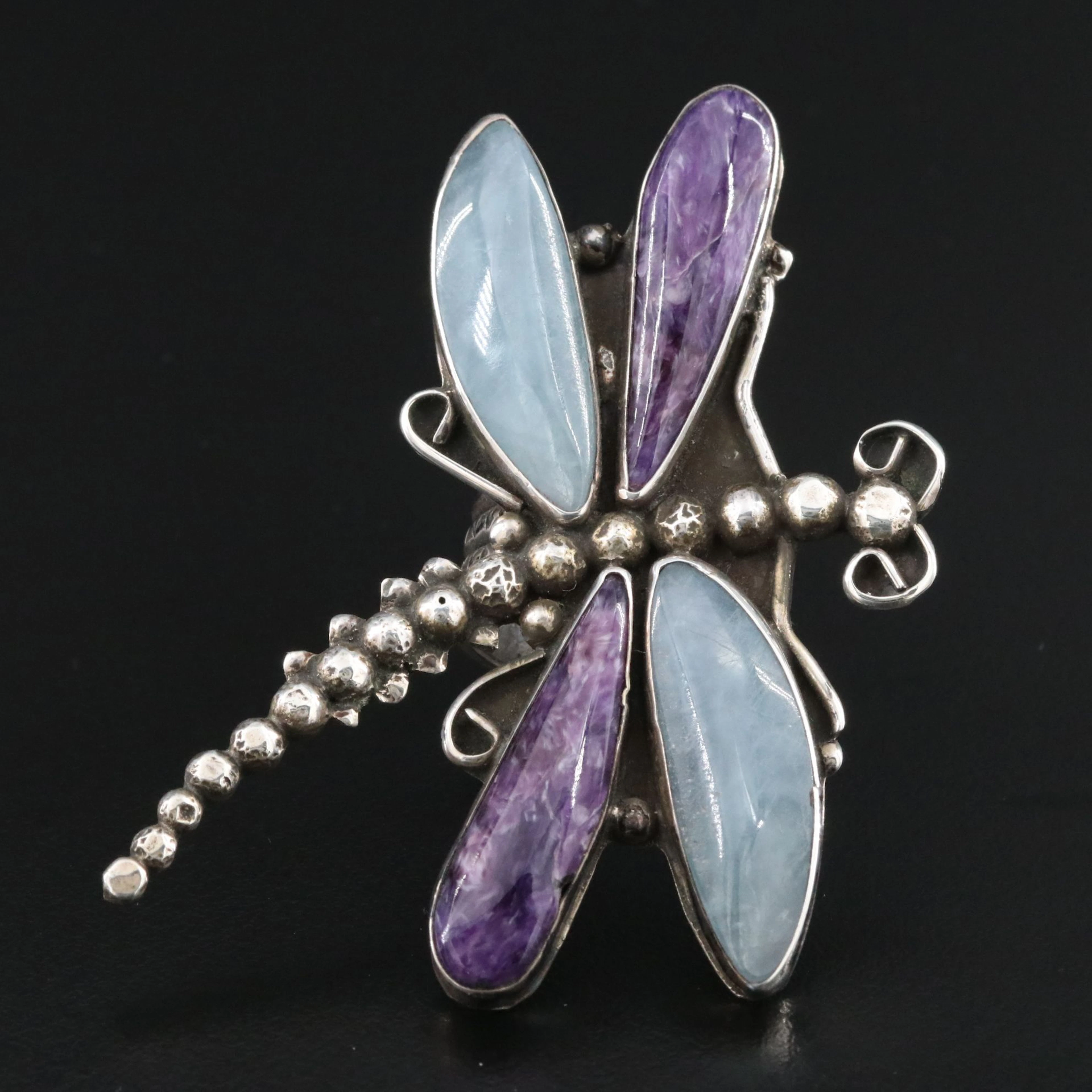 Sterling Aquamarine and Charoite Dragonfly Ring