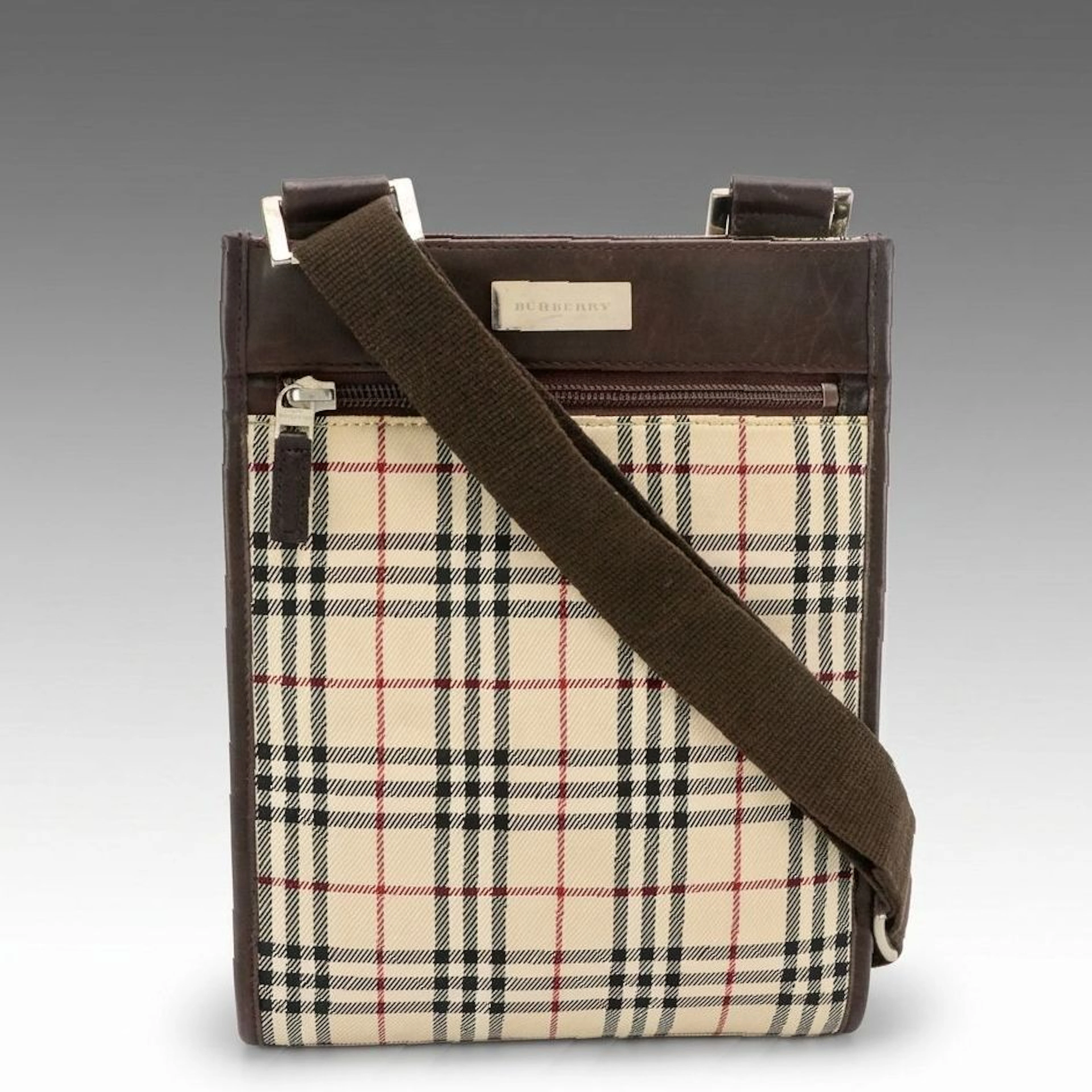 Burberry Vertical Crossbody bag in Nova Check Canvas and Brown Leather