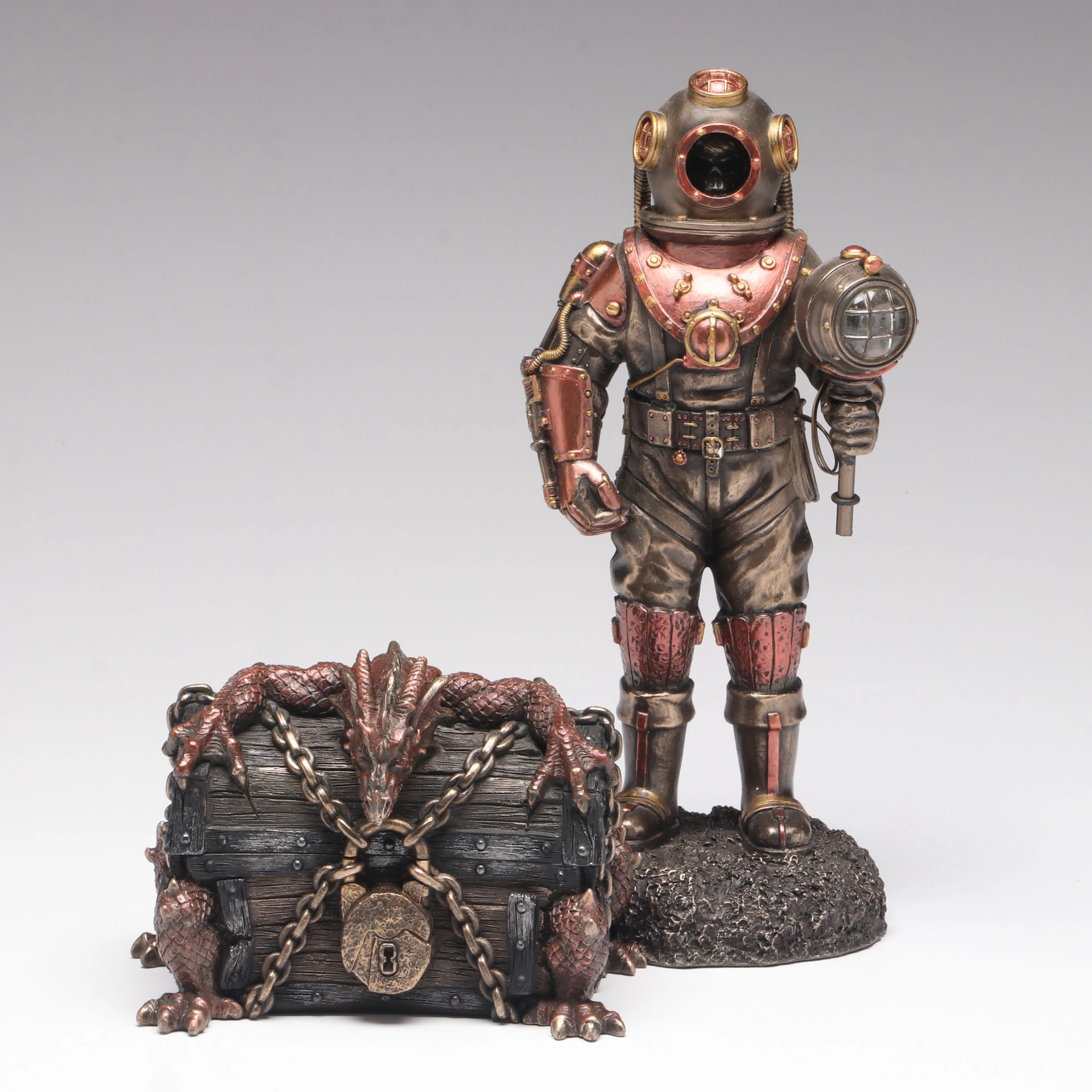 Contemporary Veronese Design Steampunk Diver Figurine and Dragon Box