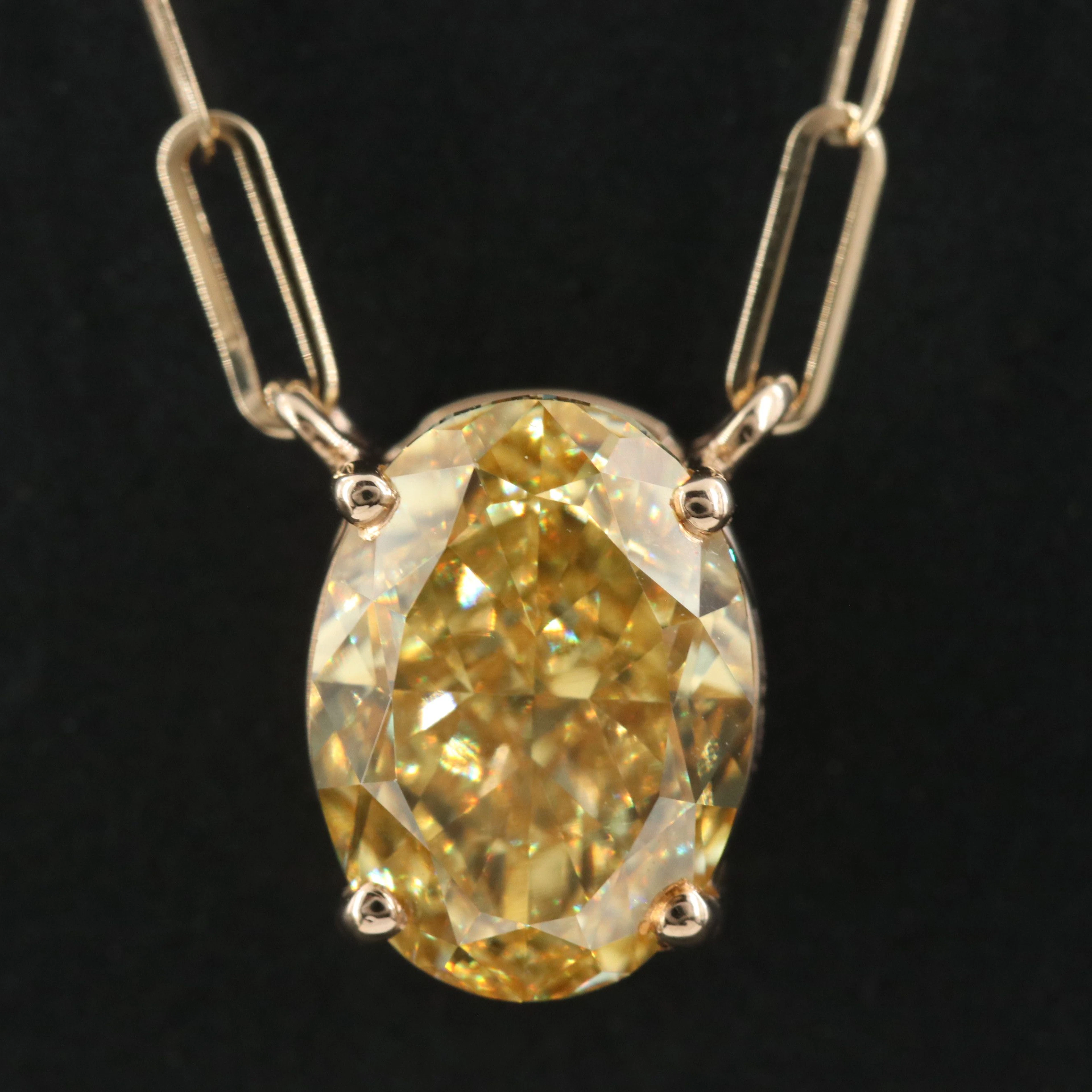 14K 3.07 CT Lab Grown Fancy Vivid Yellow Diamond Necklace with IGI Report