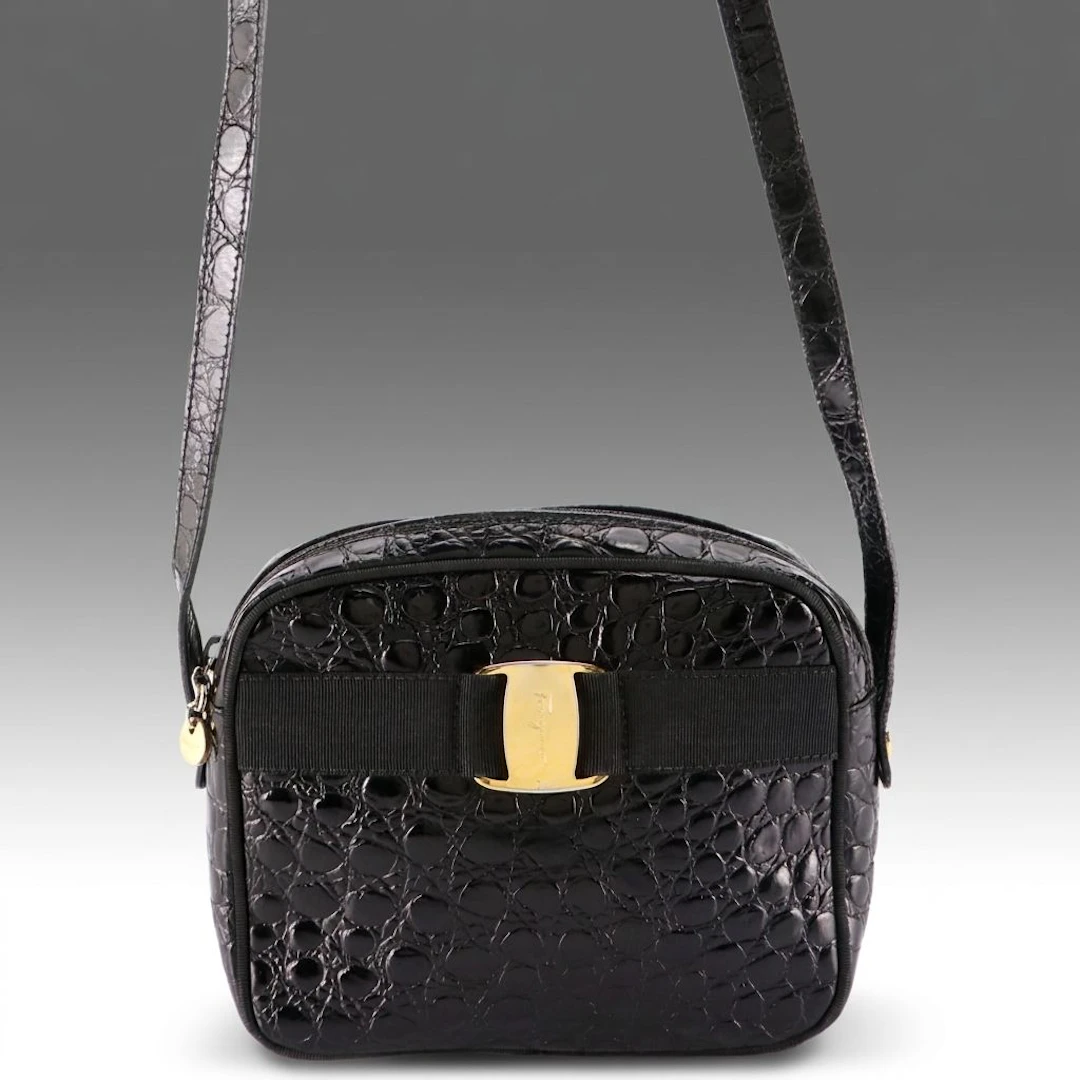 Salvatore Ferragamo Vara Bow Crossbody Shoulder Bag in Embossed Leather