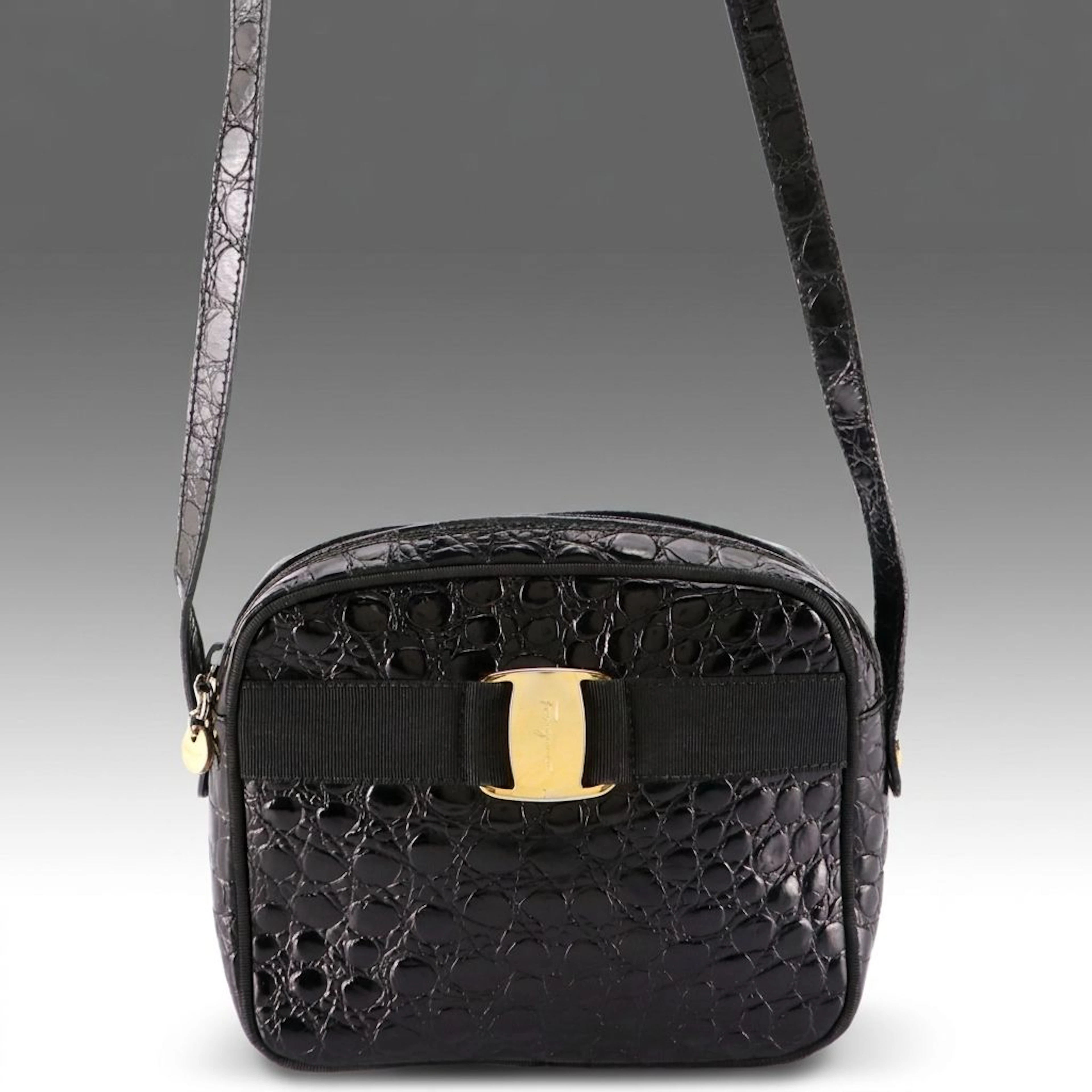 Salvatore Ferragamo Vara Bow Crossbody Shoulder Bag in Embossed Leather