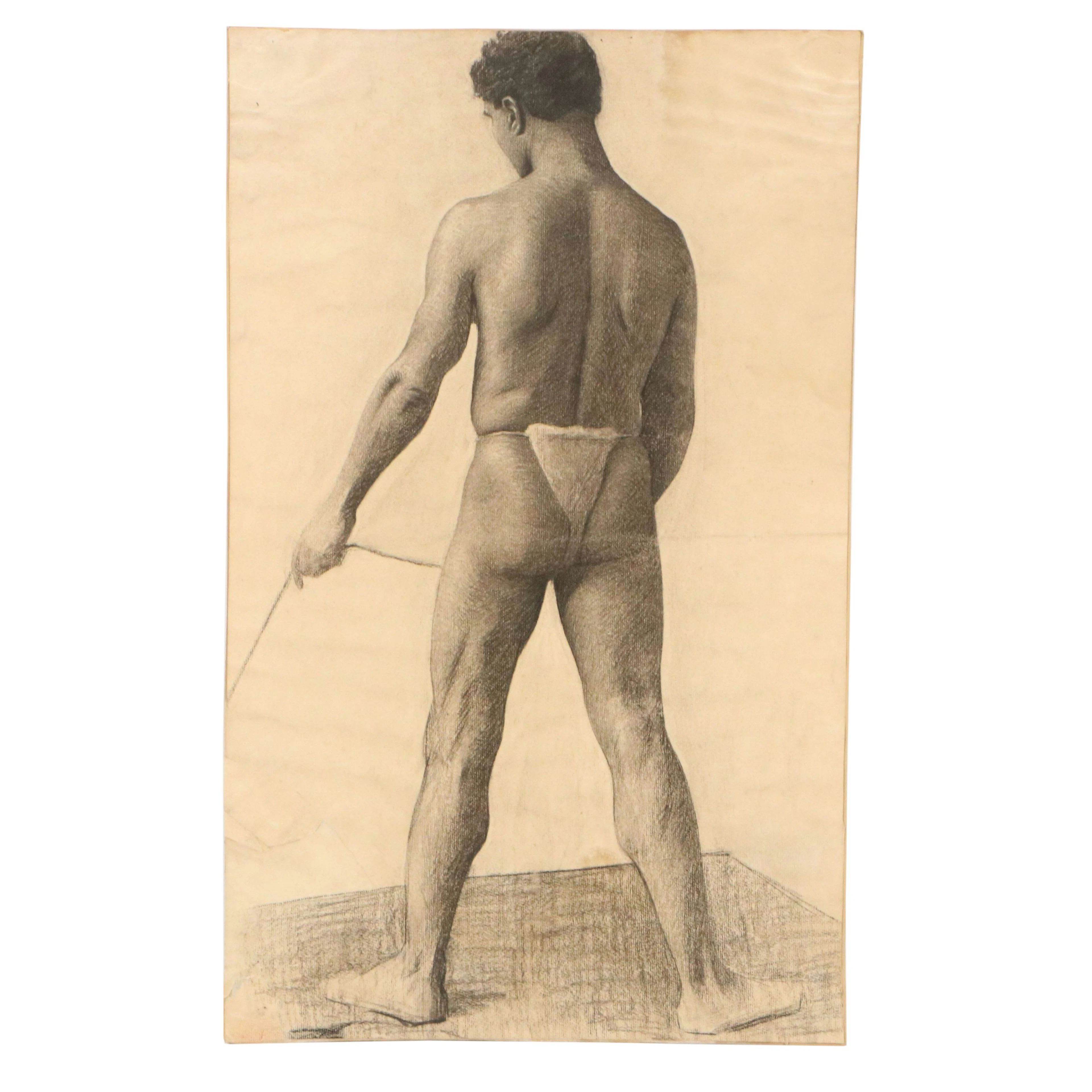 Male Figure Study Charcoal Drawing, Circa Mid-20th Century