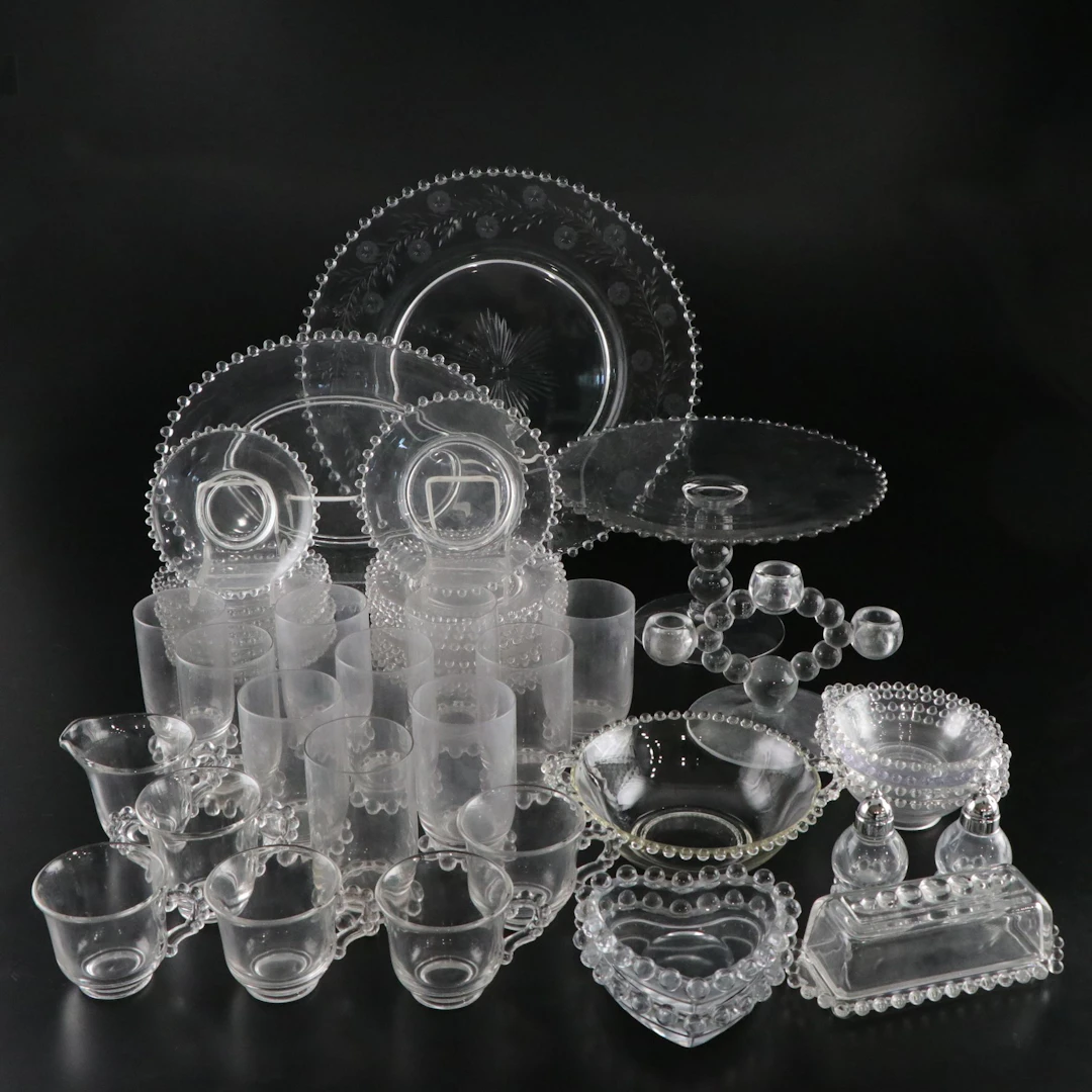 Imperial Glass "Candlewick Clear" Dinnerware Set with Heart Dishes & More.