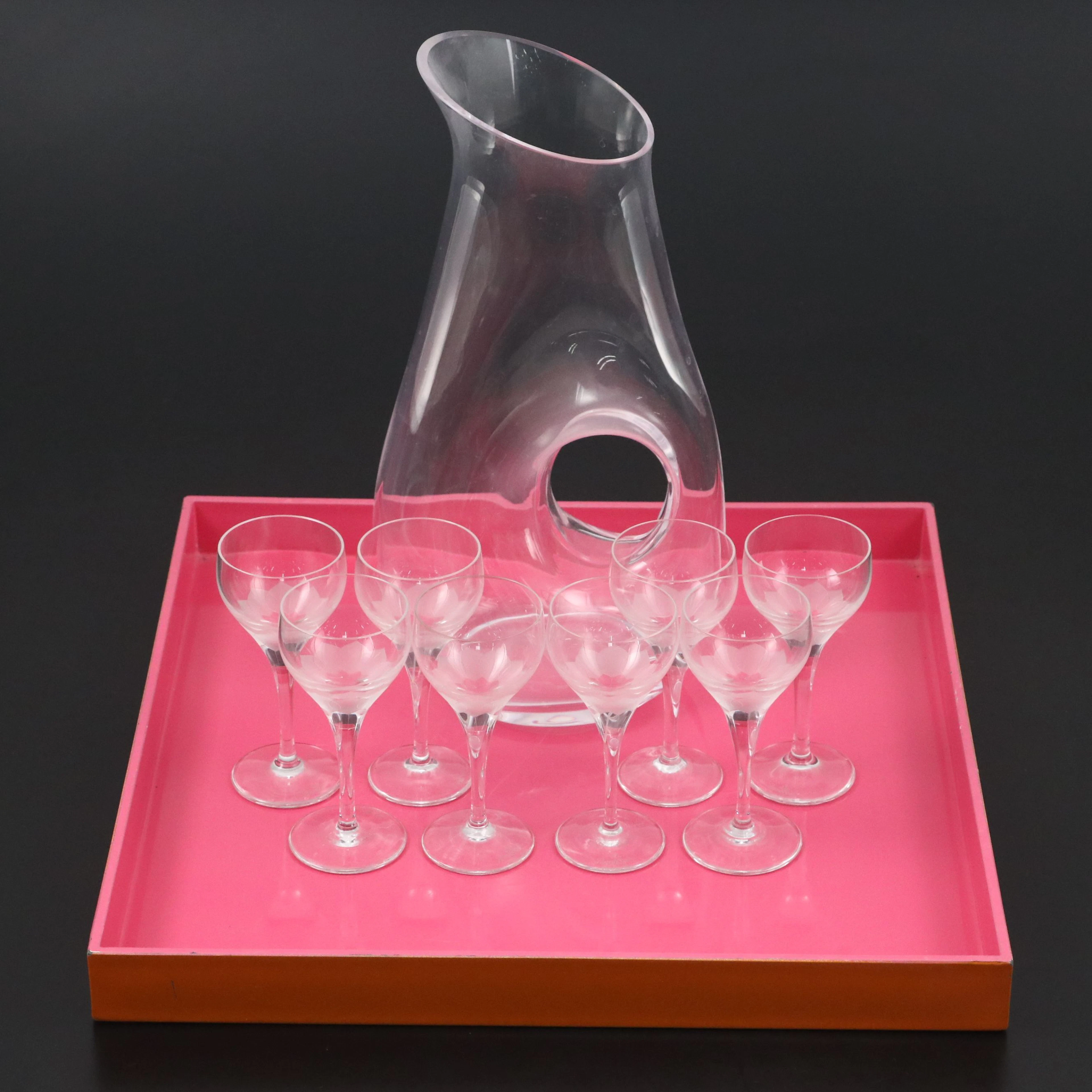 Rosenthal "Lotus Blossoms" Cordials, Glass Pitcher, and Pink Serving Tray
