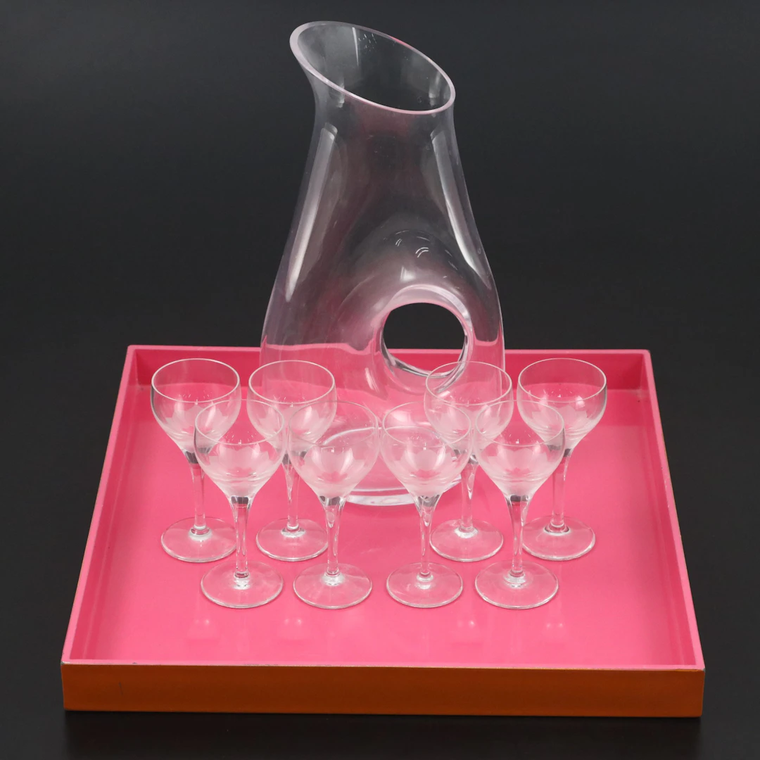Rosenthal "Lotus Blossoms" Cordials, Glass Pitcher, and Pink Serving Tray