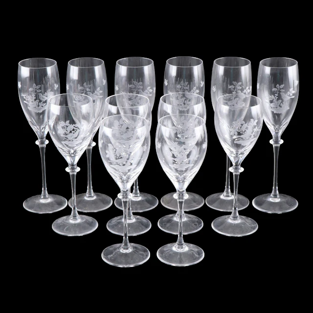 Etched Glass Champagne Flutes and Wine Glasses with Bird Motif