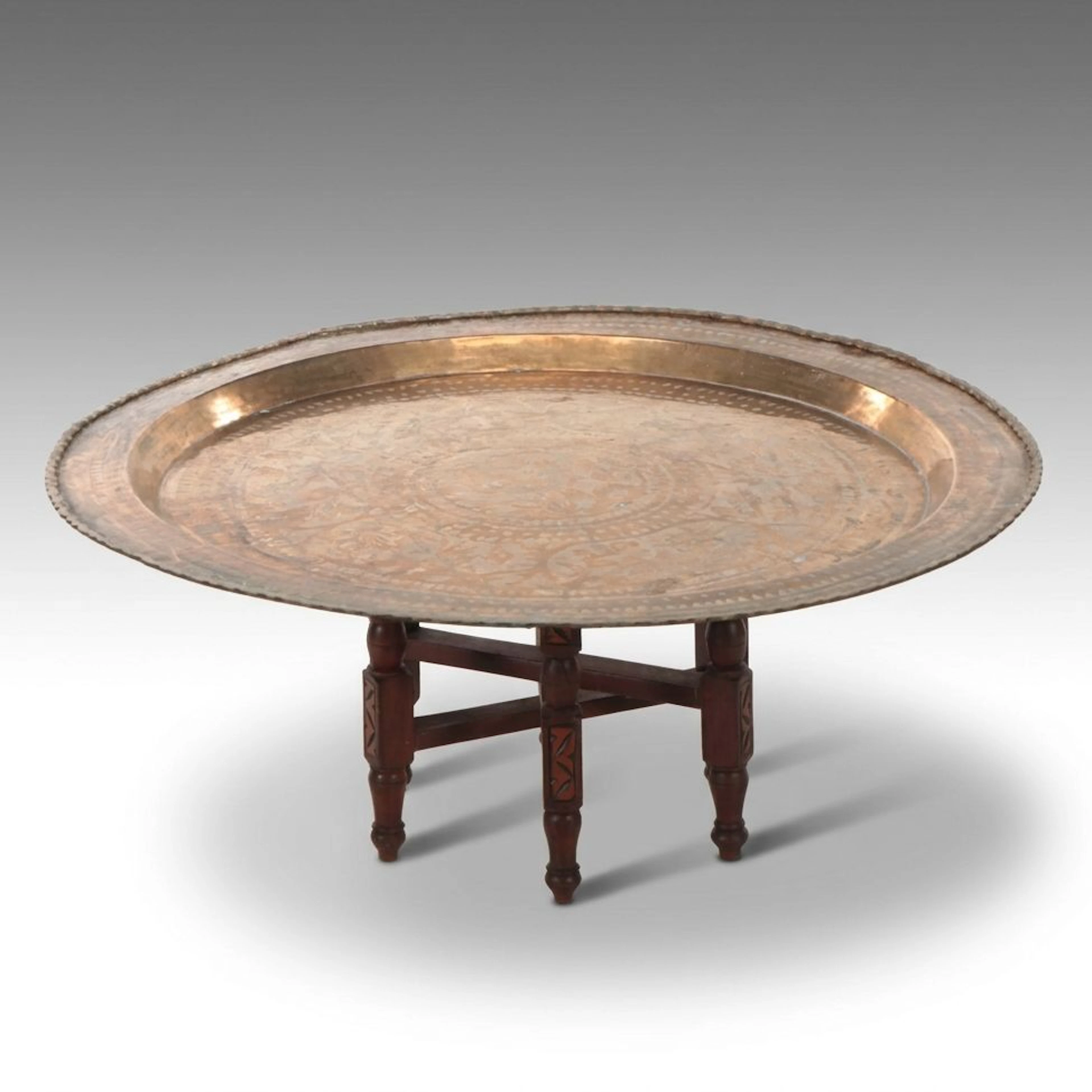 Moroccan Ornate Etched Brass Tray on Carved Wood Stand