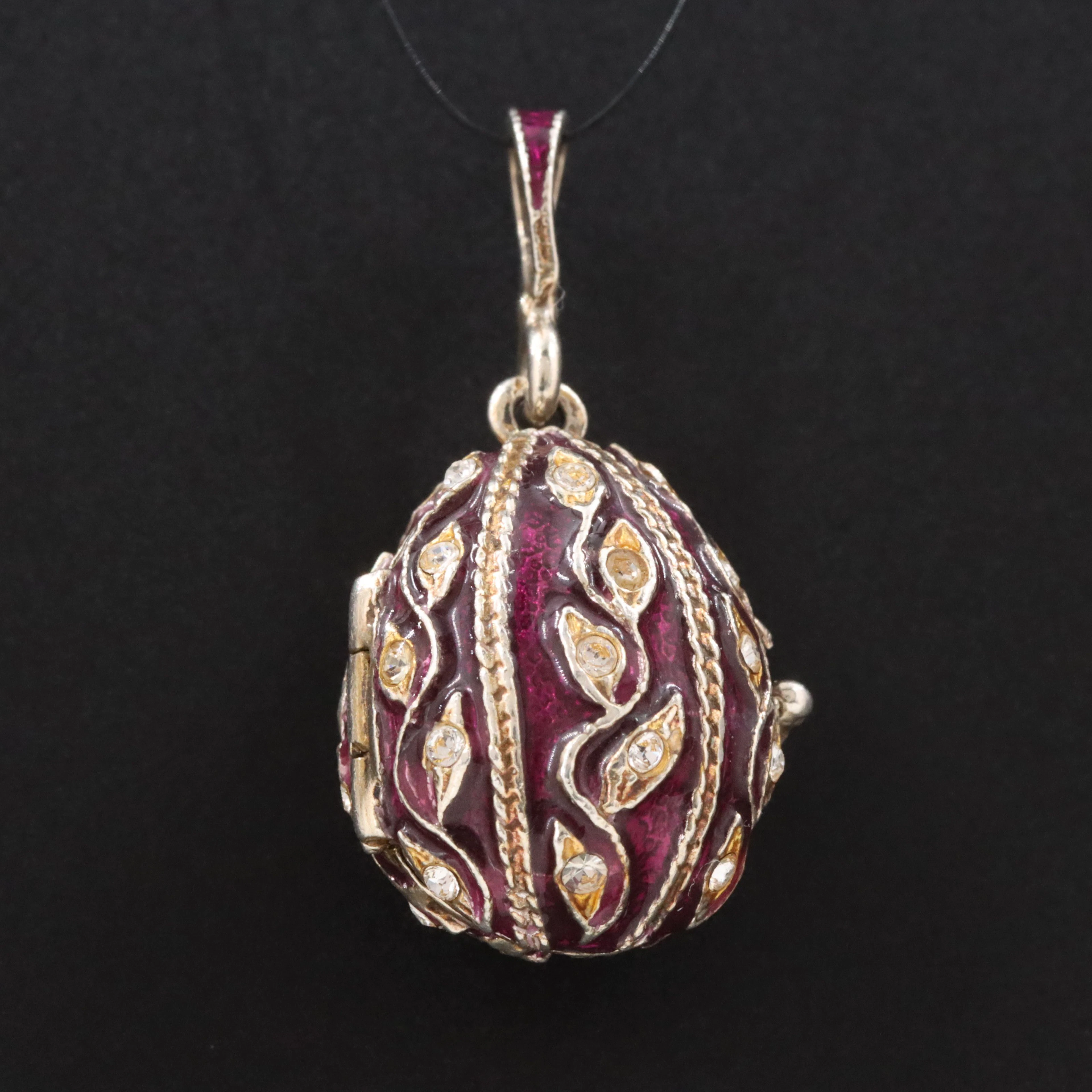 Sterling Enamel and Rhinestone Egg Locket Pendant with Guardian Angel