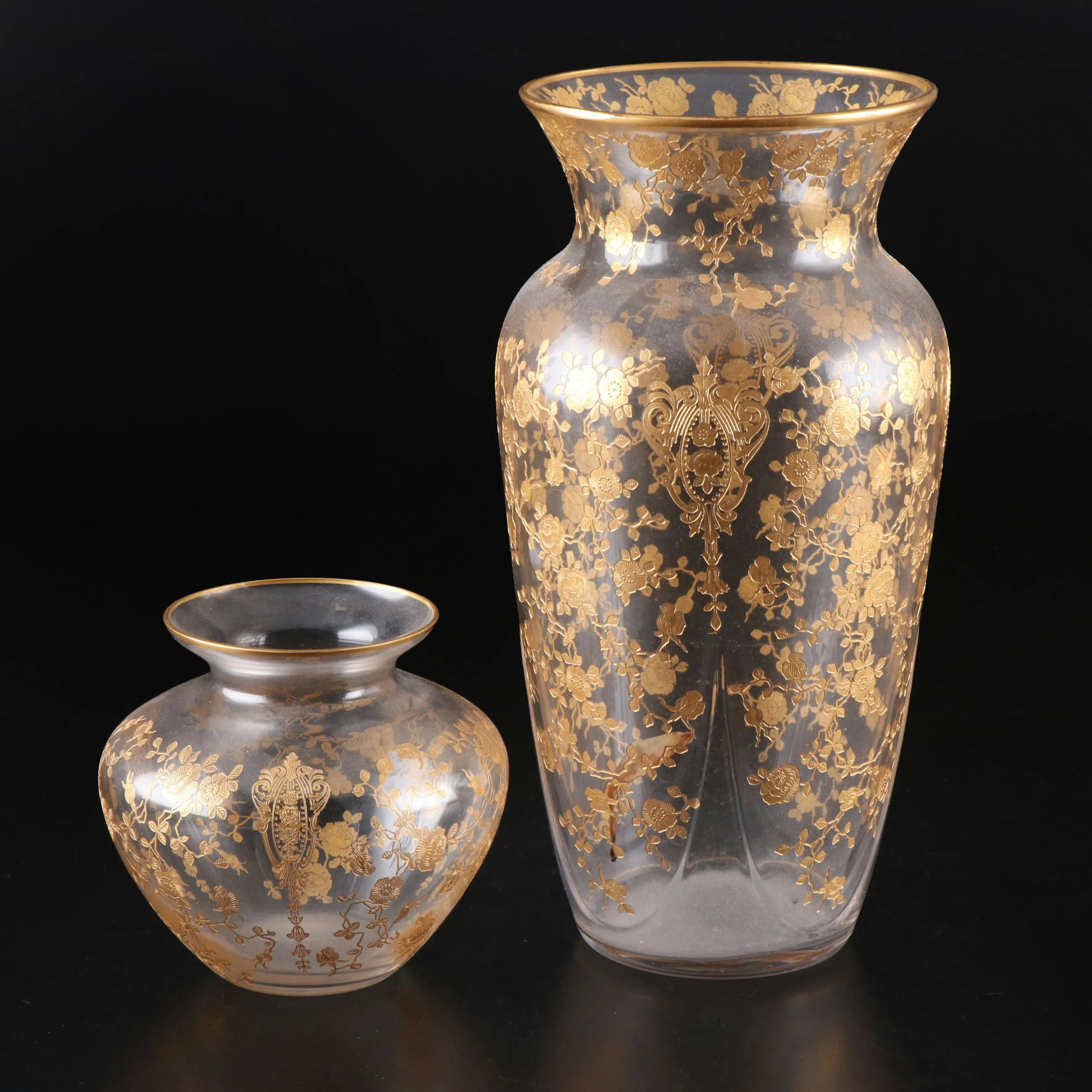 Cambridge "Rose Point" Gold Encrusted Glass Vases, 1935–1953