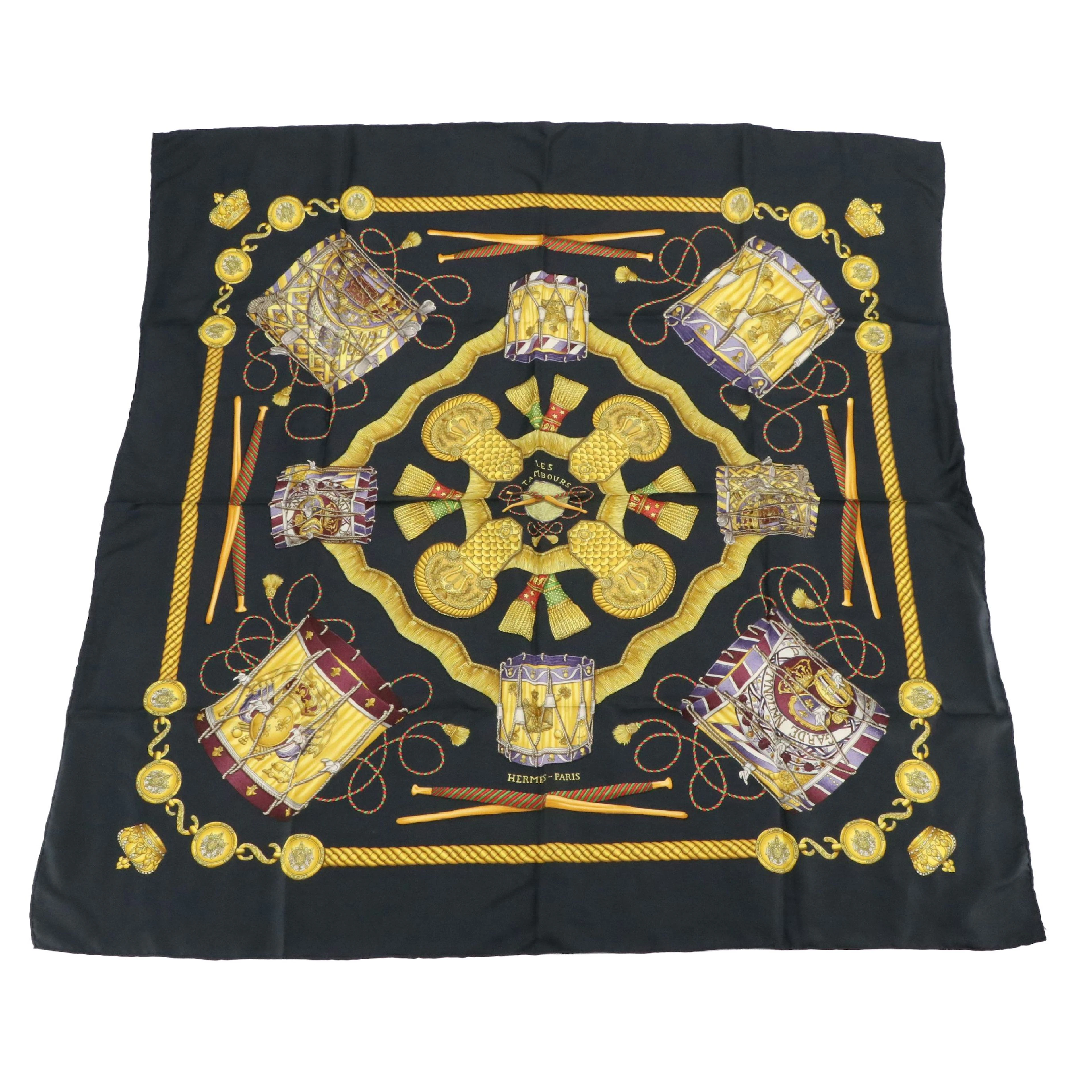 Hermès "Les Tambours" Scarf 90 in Silk Twill