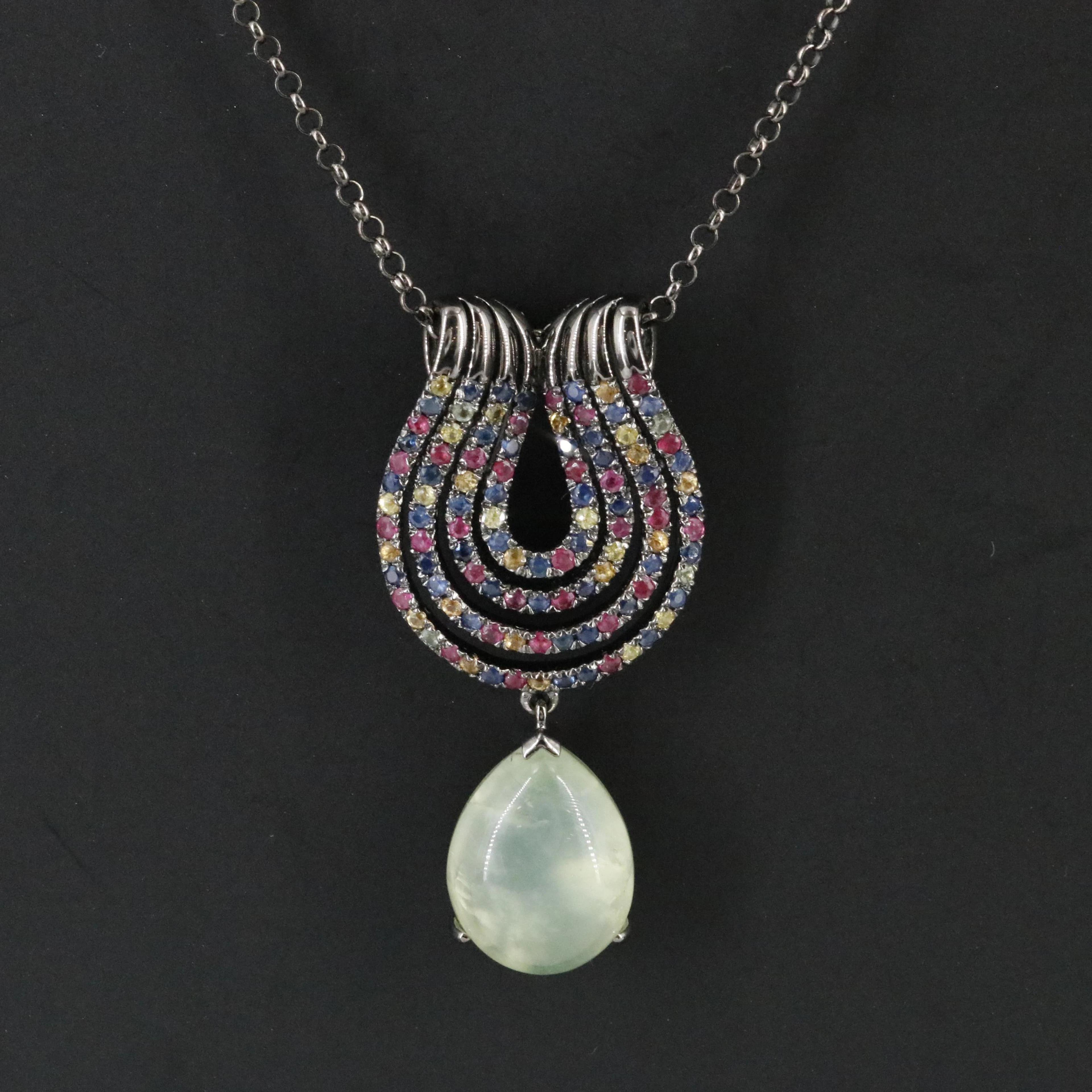 Sterling Prehnite and Sapphire Pendant Necklace