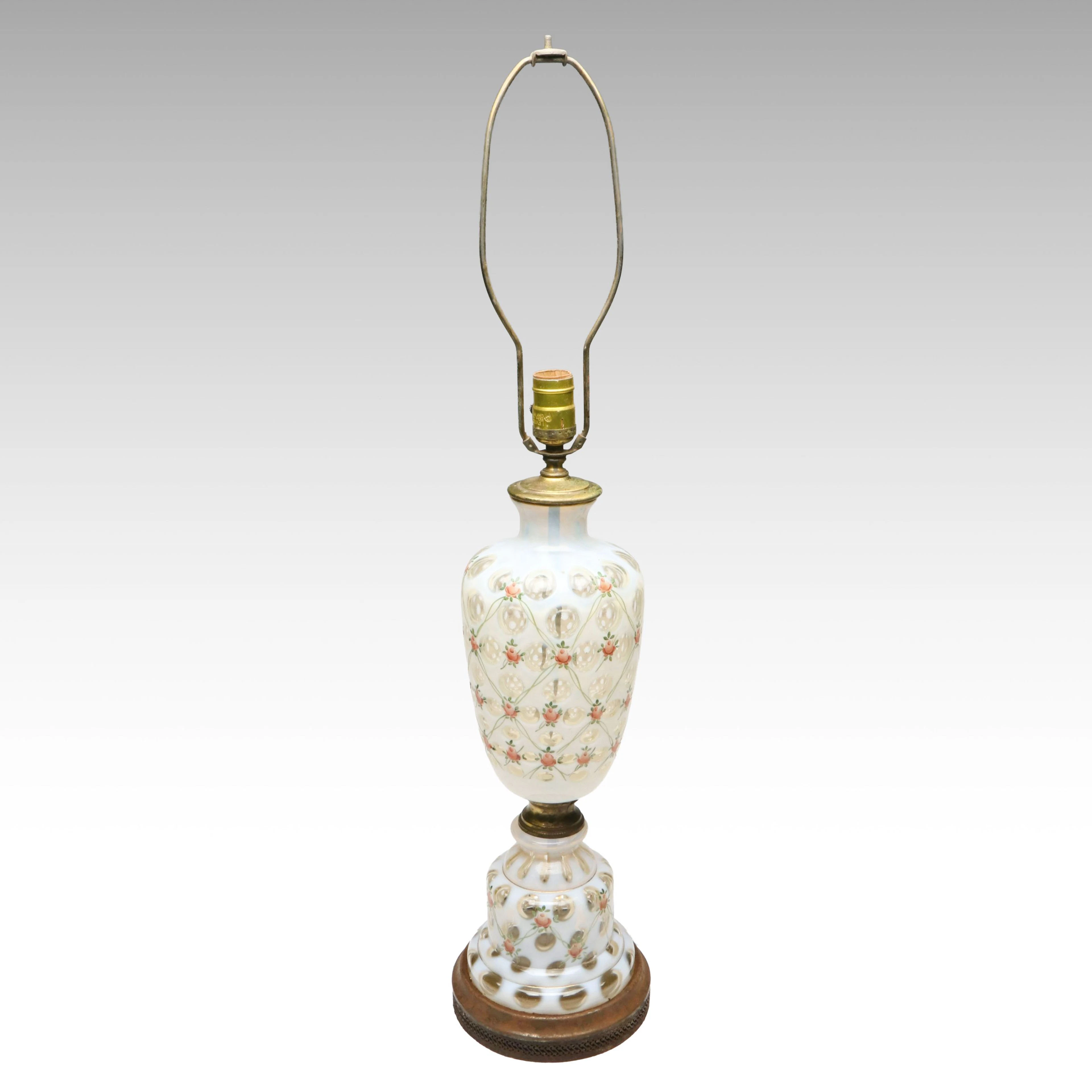 Glass Opalescent Coin Dot Table Lamp with Hand-Painted Rose Trellis Decoration