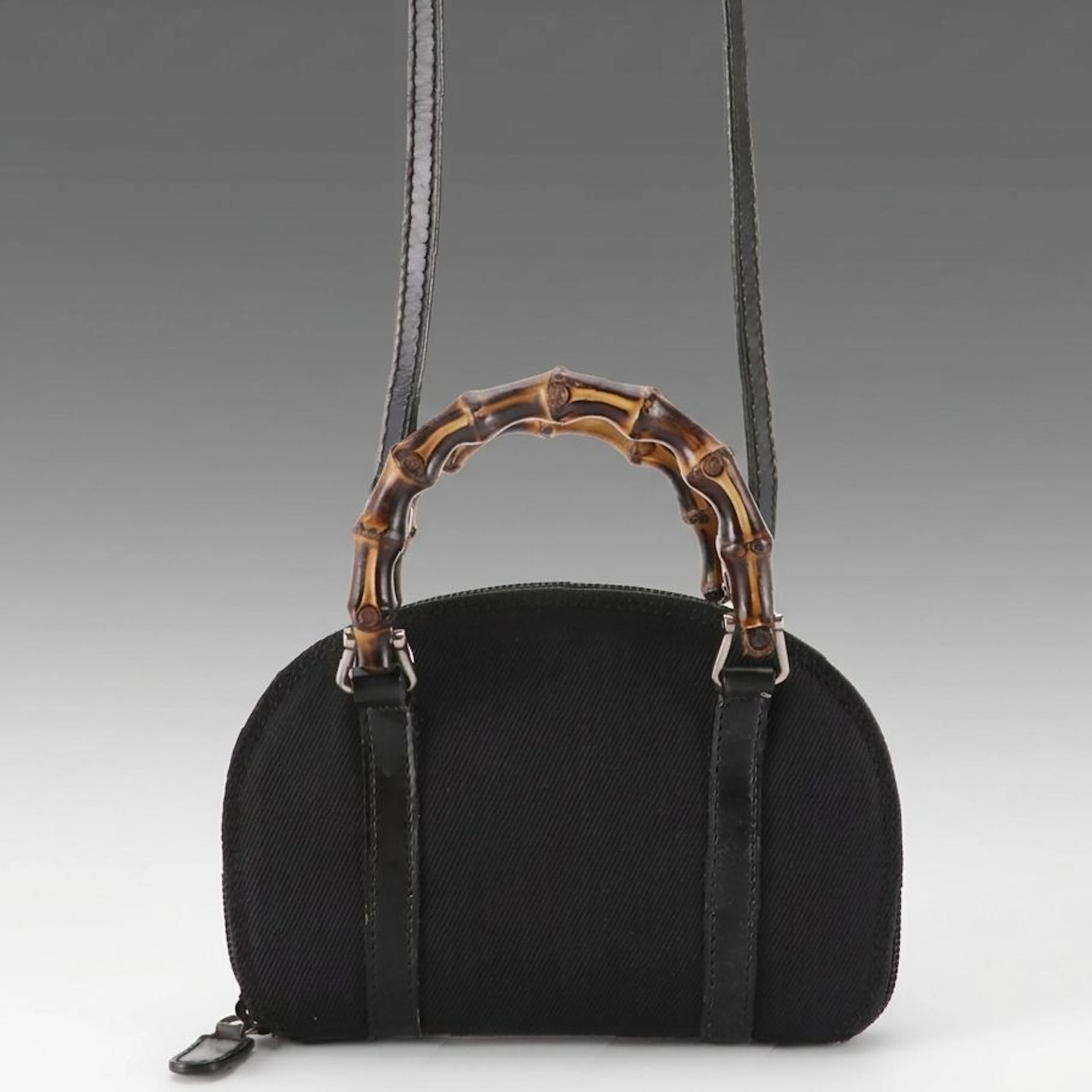 Gucci Bamboo Handle Mini Dome Crossbody Bag in Black Nylon and Leather