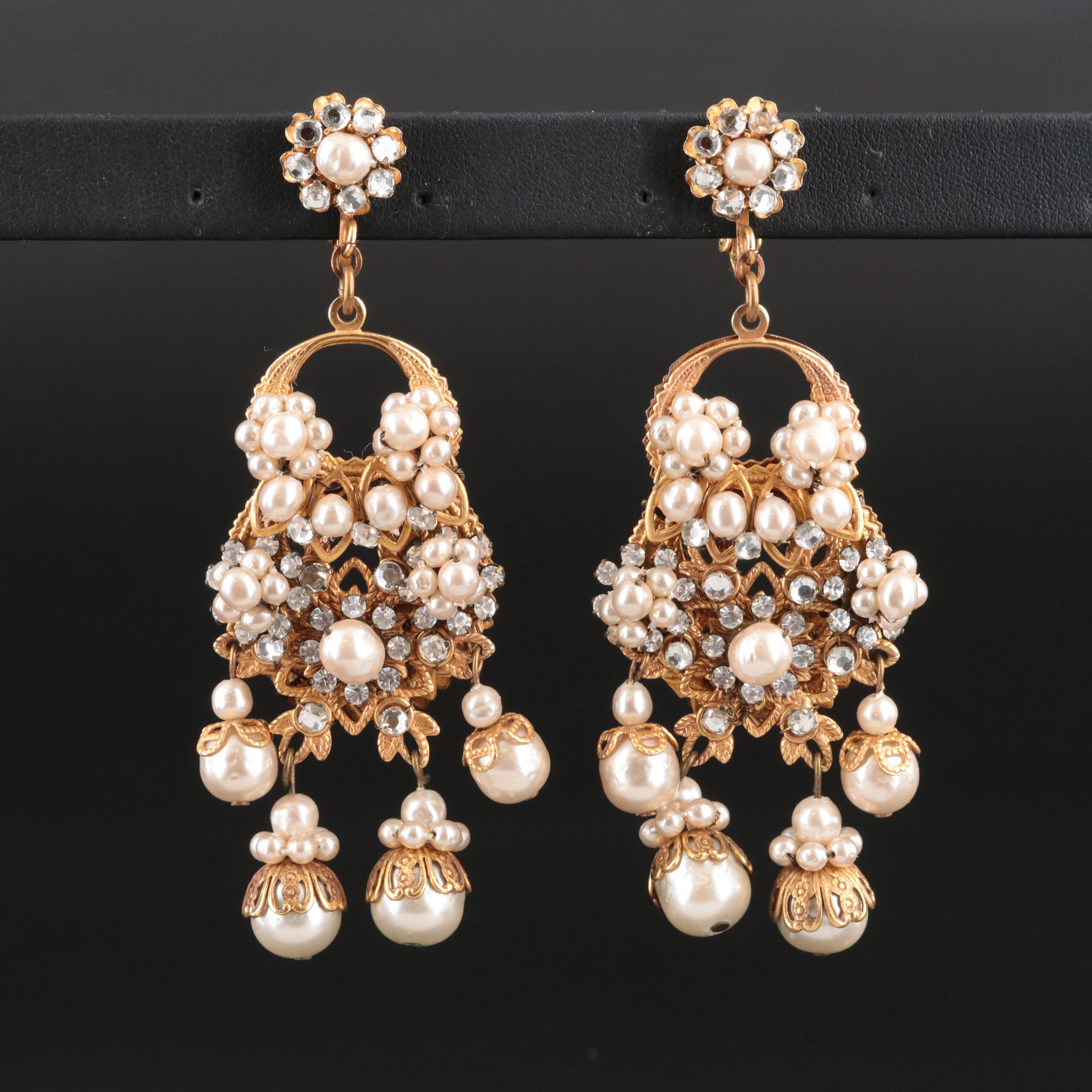 Miriam Haskell Glass Pearl and Rhinestone Chandelier Earrings
