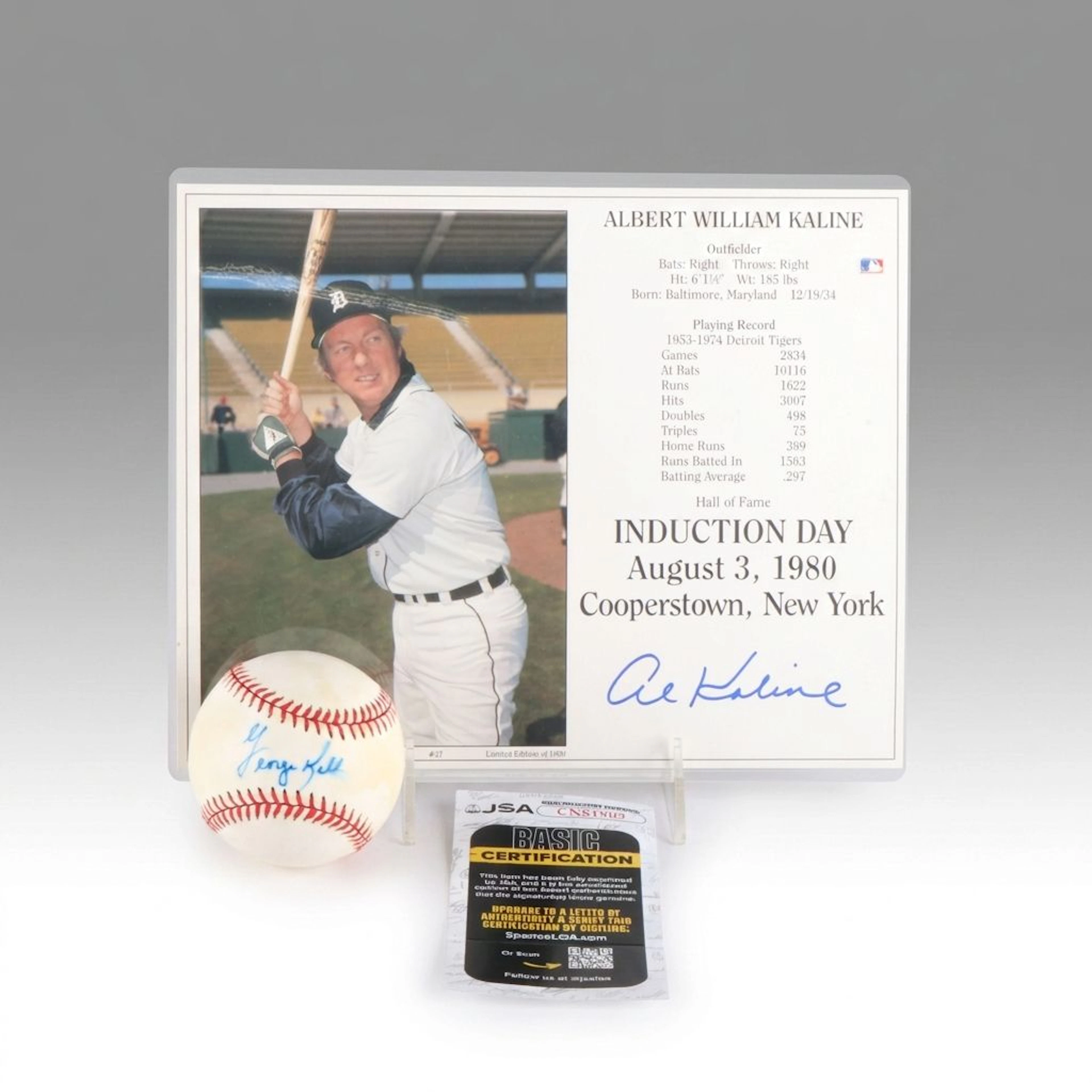 Al Kaline Signed Detroit Tigers Print with George Kell Signed Baseball
