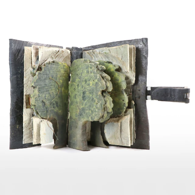 Hand-Carved Wooden Folk Art Pop-Up Book Sculpture with Tree, 20th Century