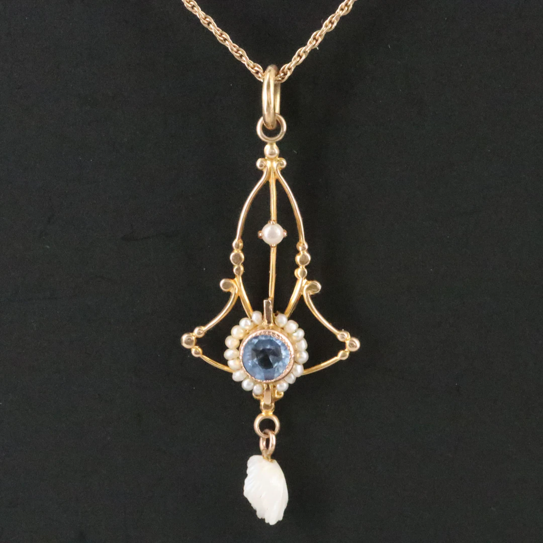 Art Nouveau 10K Glass and Pearl Bell Pendant with a 14K Chain