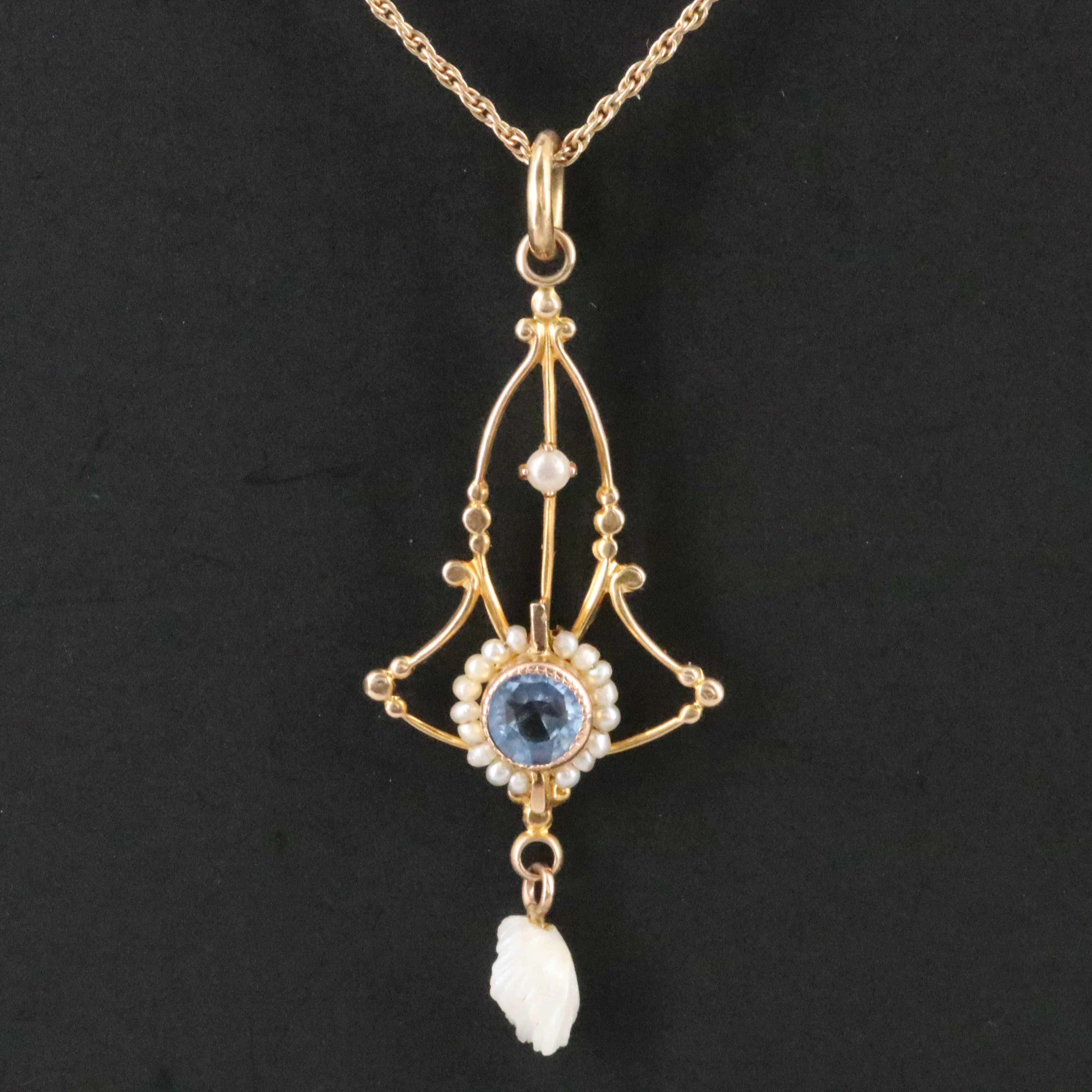 Art Nouveau 10K Glass and Pearl Bell Pendant with a 14K Chain