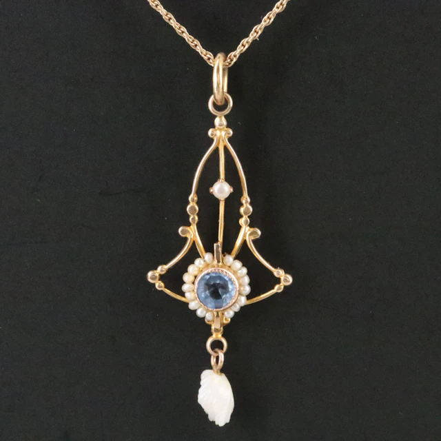 Art Nouveau 10K Glass and Pearl Bell Pendant with a 14K Chain