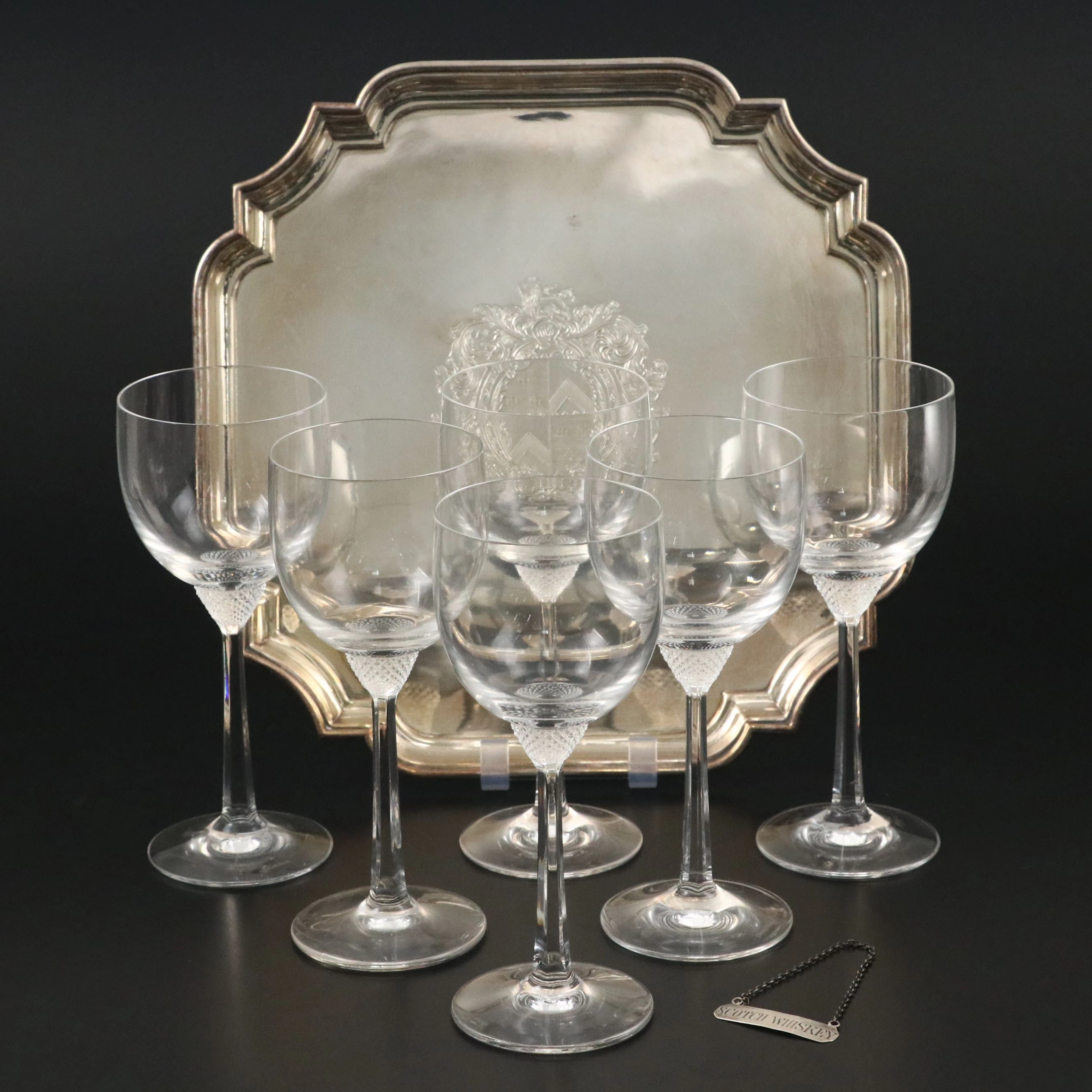 Villeroy & Boch "Octavie" Crystal Claret Glasses and Armorial Silver Plate Tray