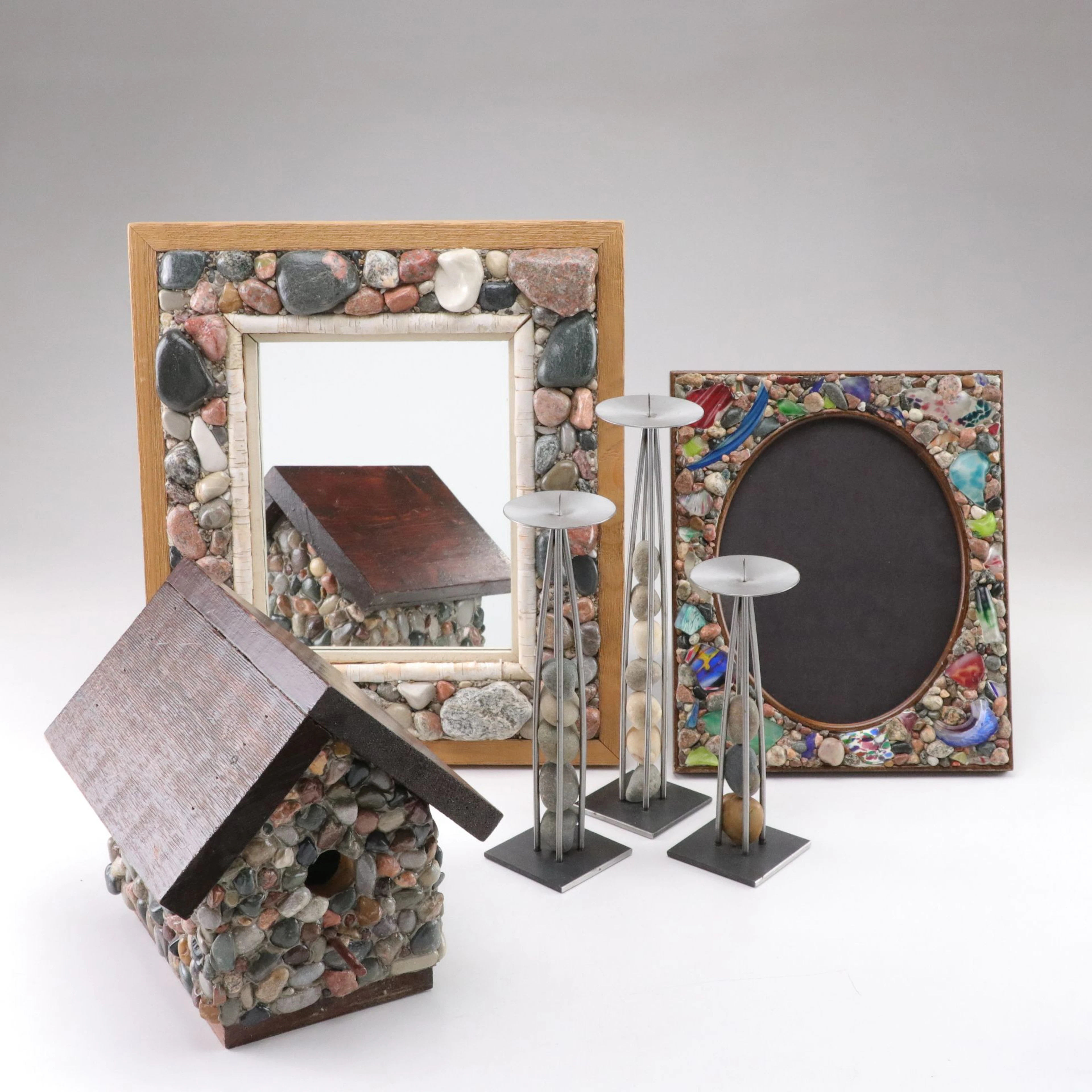 Candle Sticks, Mirror, Frame, and Birdhouse Decorated with Pebbles